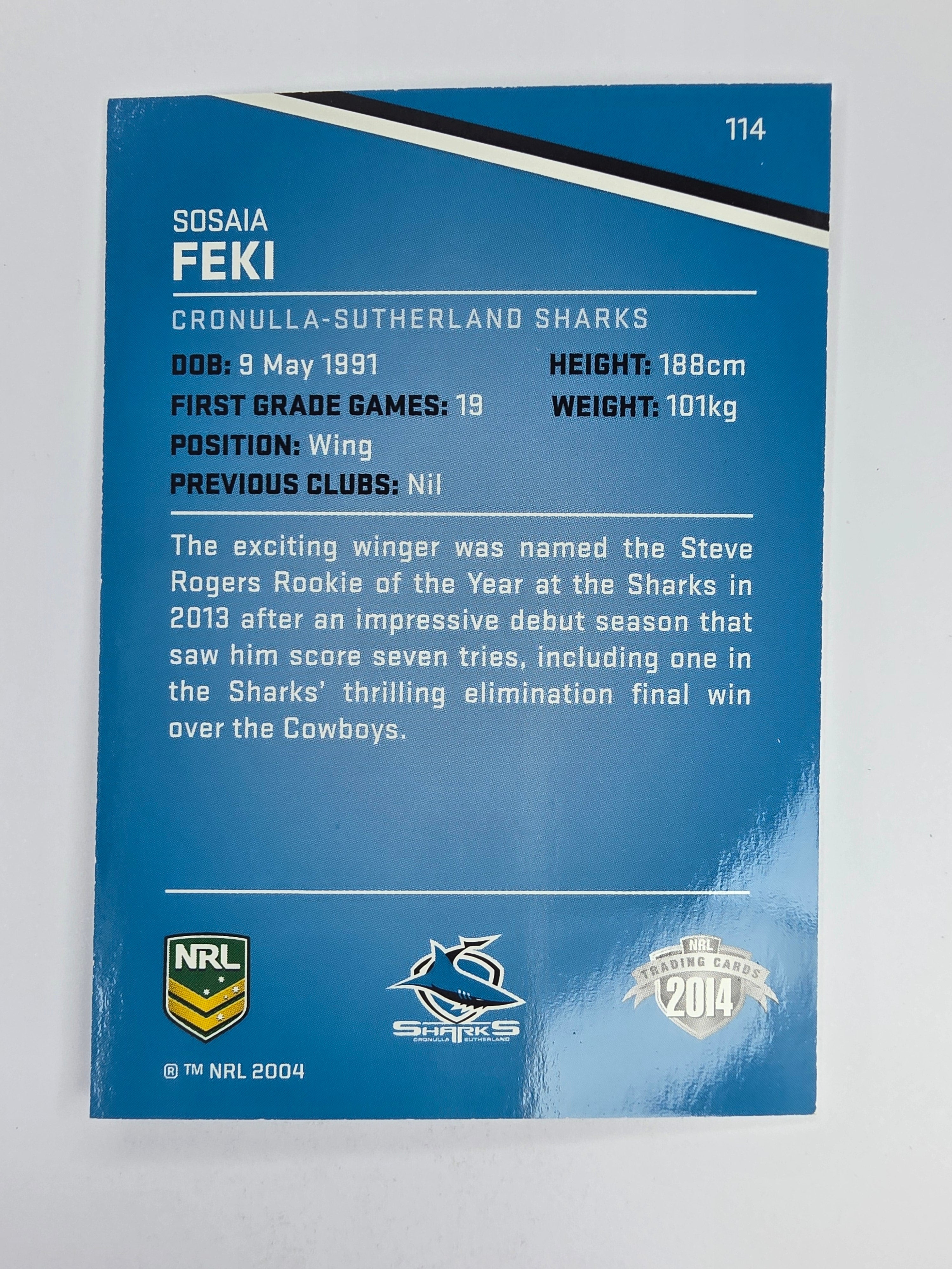 NRL 2014 Traders Base Card #114 Sosaia Feki Cronulla Sutherland Sharks