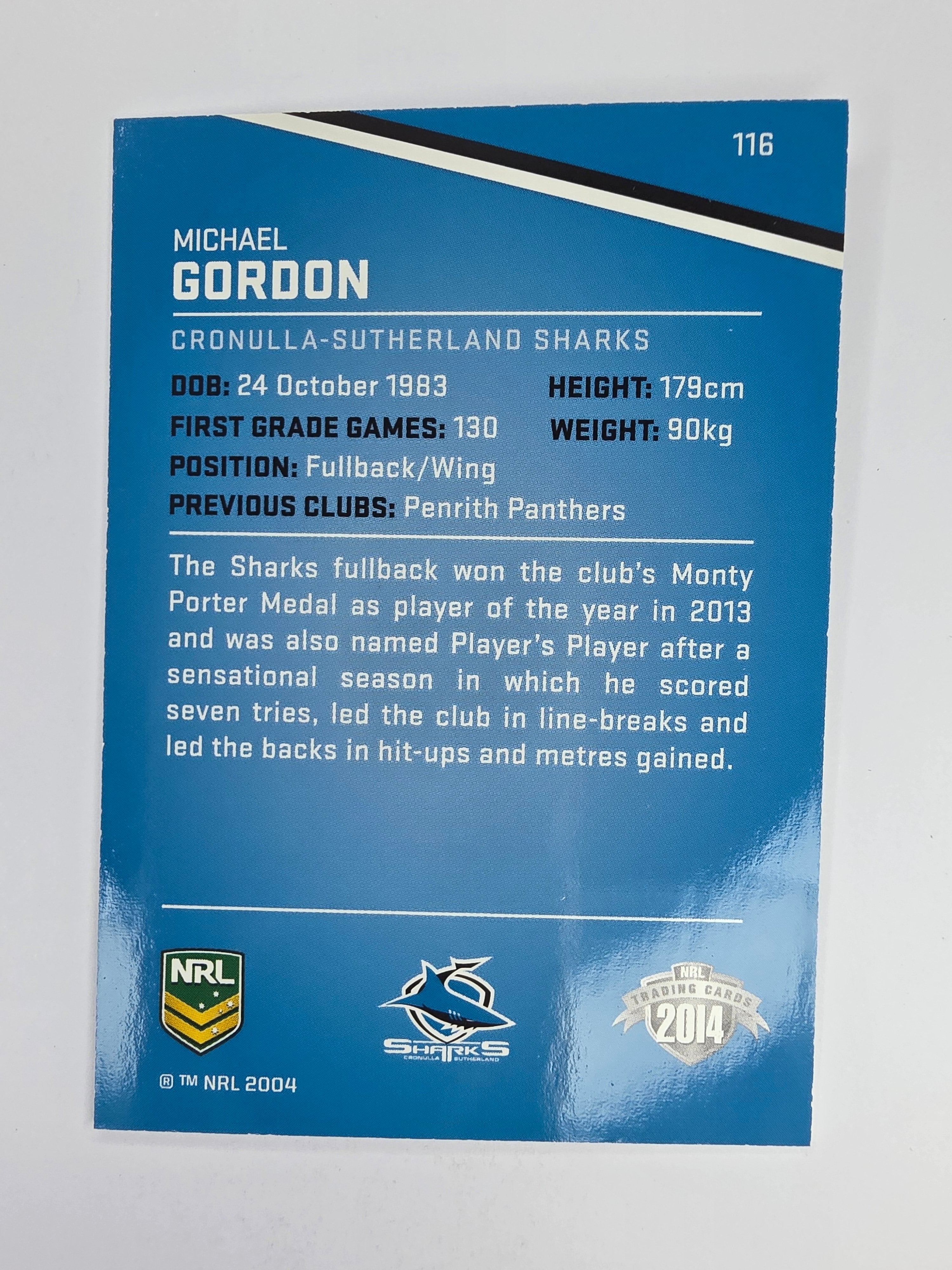 NRL 2014 Traders Base Card #116 Michael Gordon Cronulla Sutherland Sharks