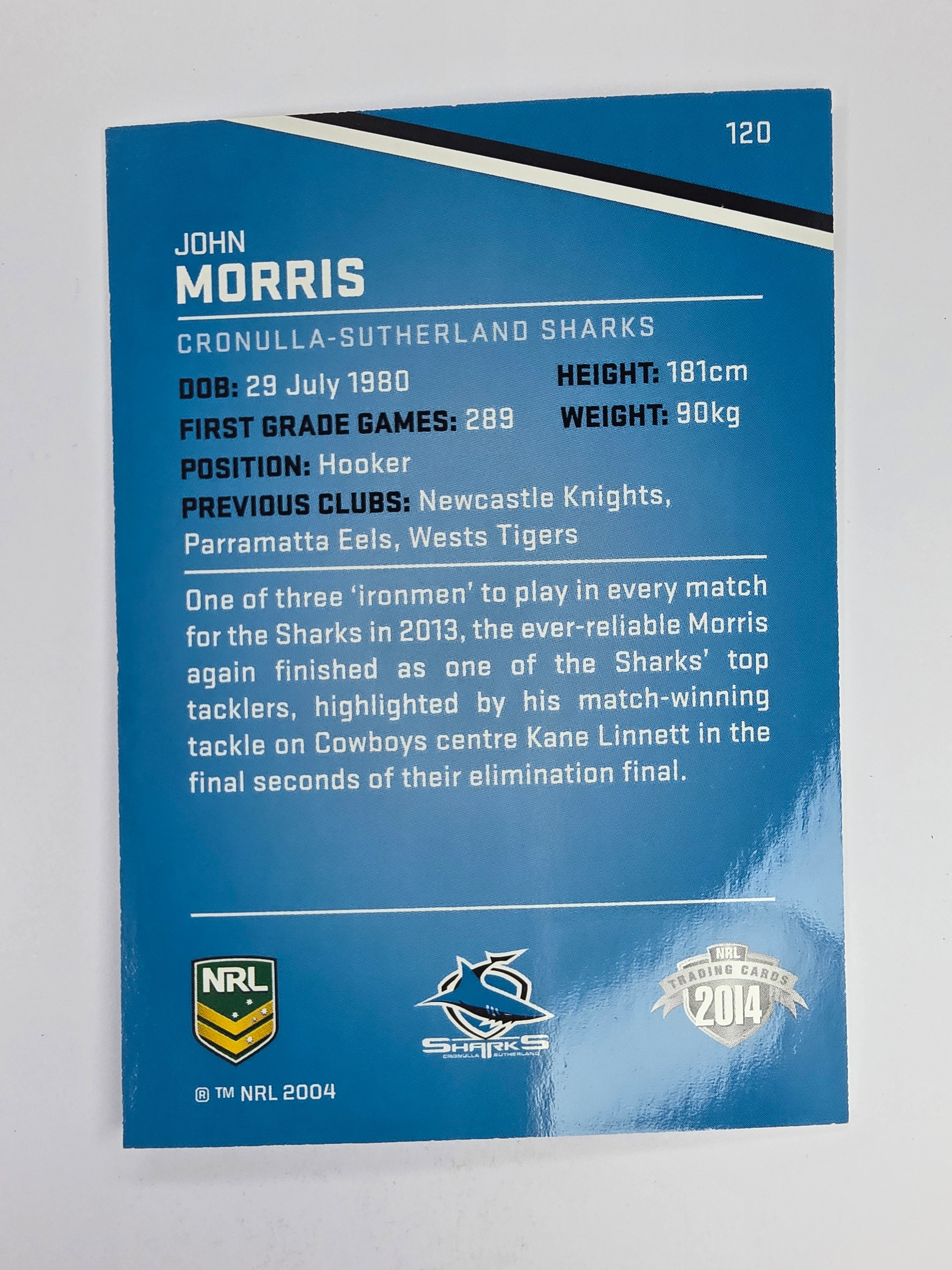 NRL 2014 Traders Base Card #120 John Morris Cronulla Sutherland Sharks