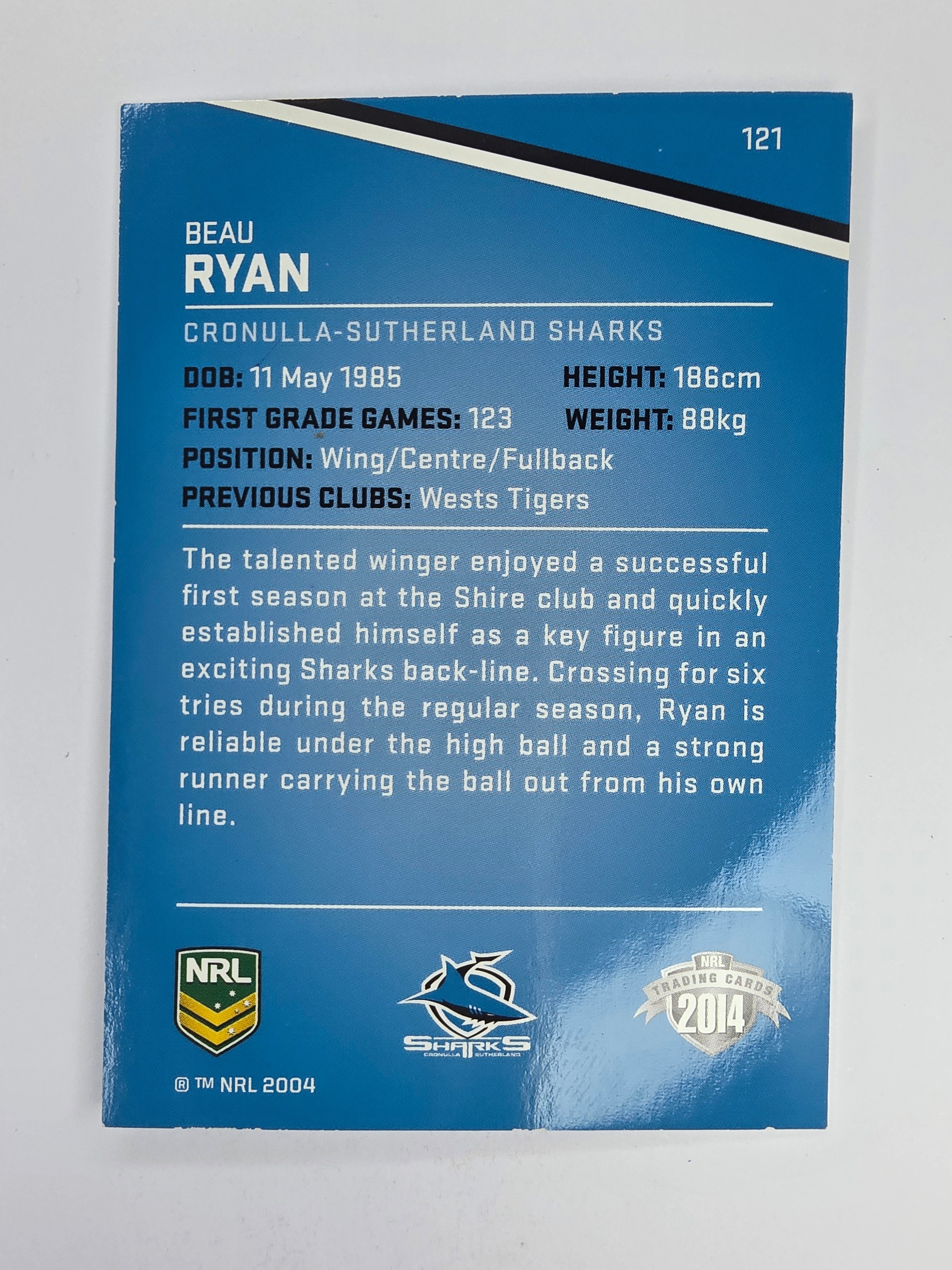NRL 2014 Traders Base Card #121 Beau Ryan Cronulla Sutherland Sharks