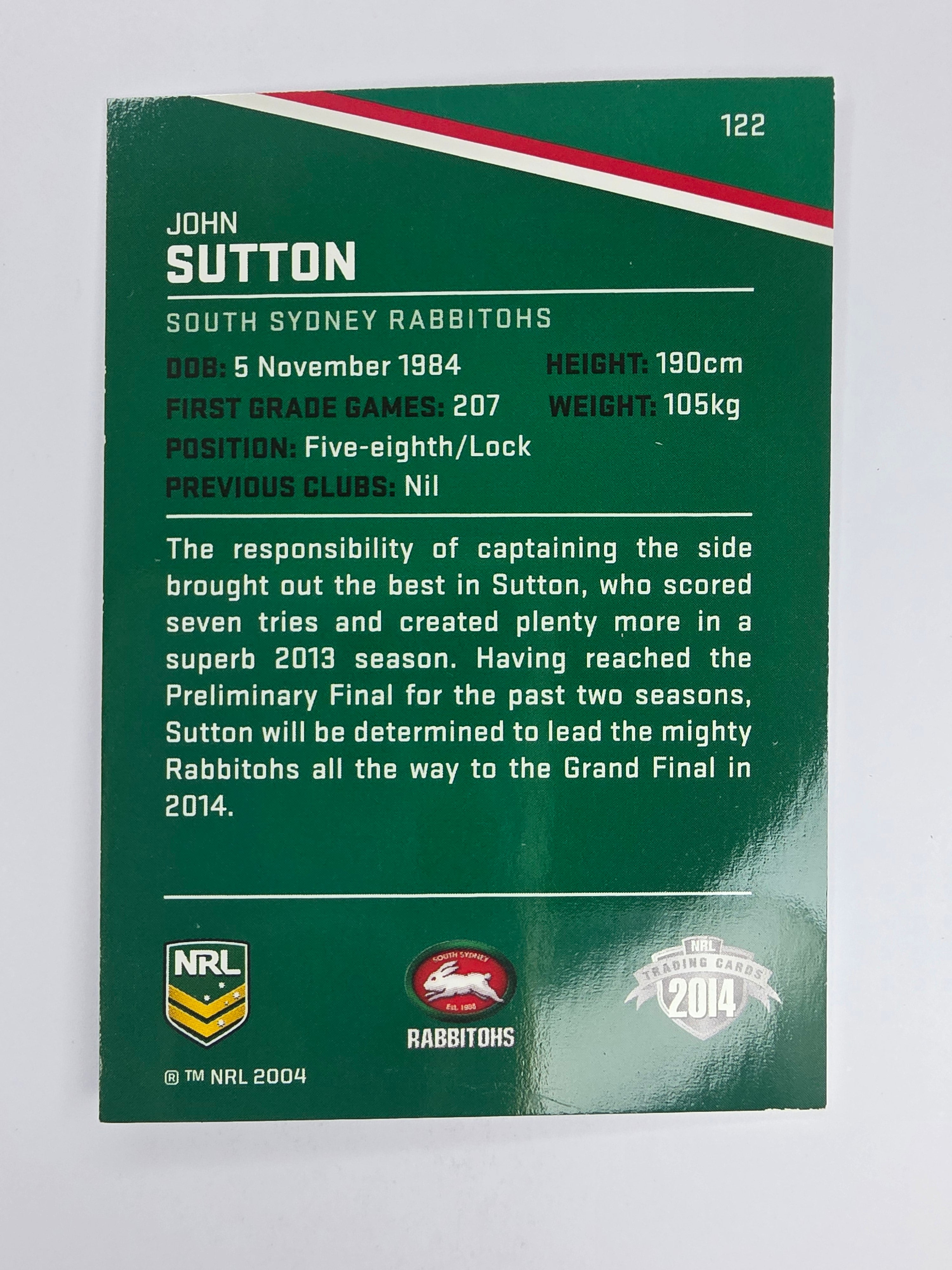 NRL 2014 Traders Base Card #122 John Sutton South Sydney Rabbitohs