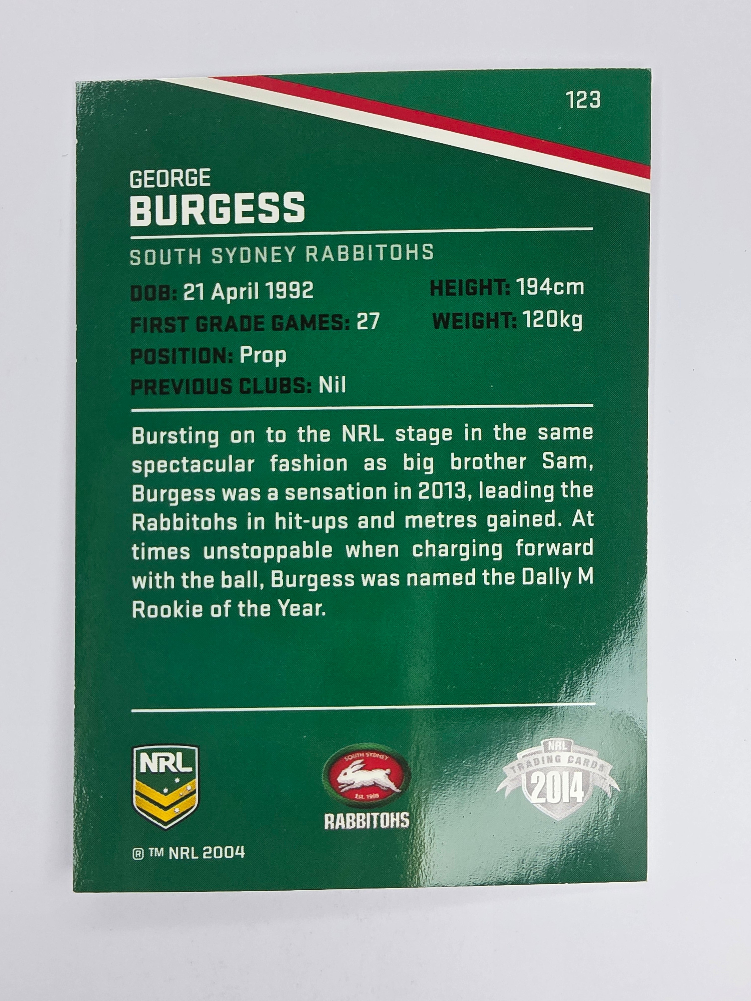 NRL 2014 Traders Base Card #123 George Burgess South Sydney Rabbitohs
