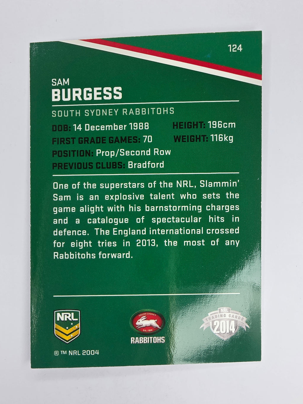 NRL 2014 Traders Base Card #124 Sam Burgess South Sydney Rabbitohs