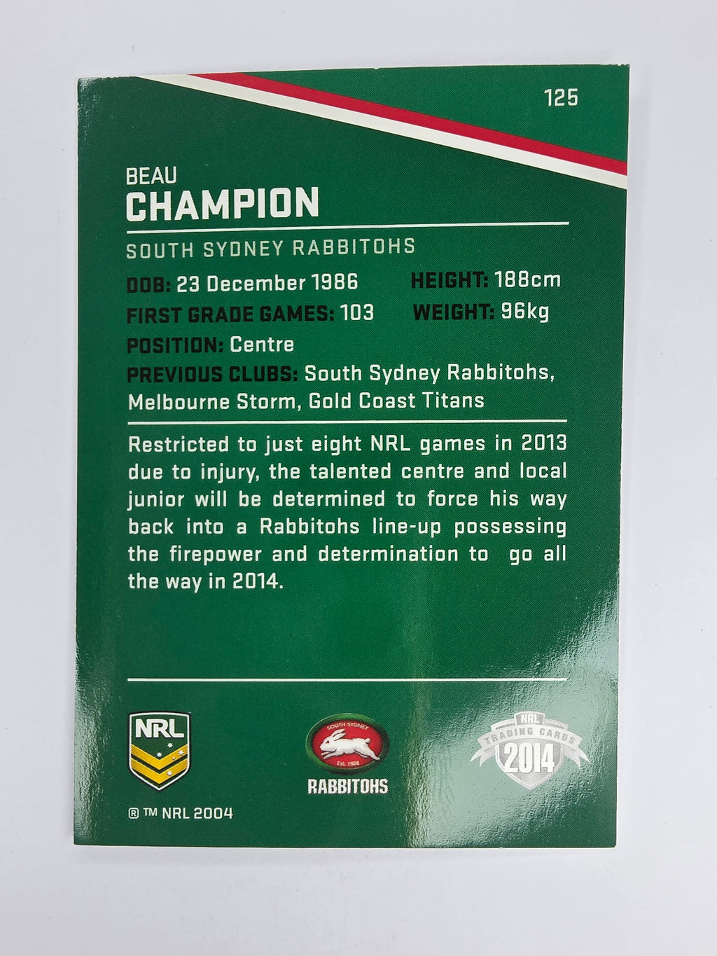 NRL 2014 Traders Base Card #125 Beau Champion South Sydney Rabbitohs