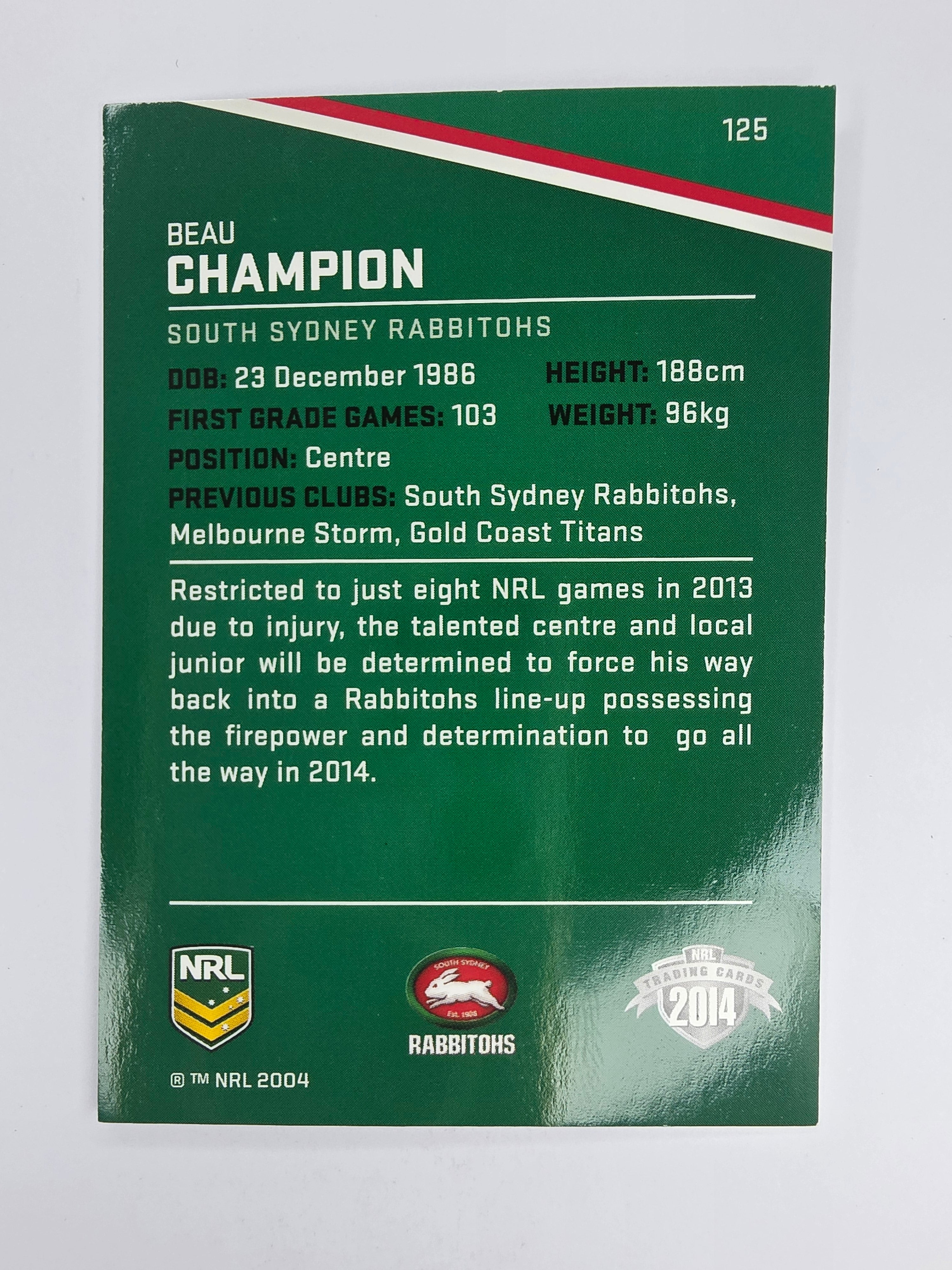 NRL 2014 Traders Base Card #125 Beau Champion South Sydney Rabbitohs