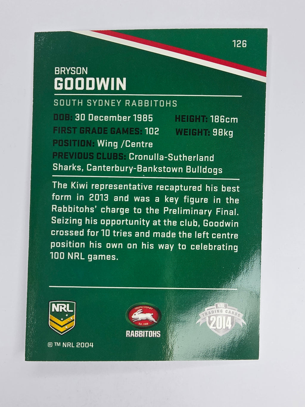 NRL 2014 Traders Base Card #126 Bryson Goodwin South Sydney Rabbitohs