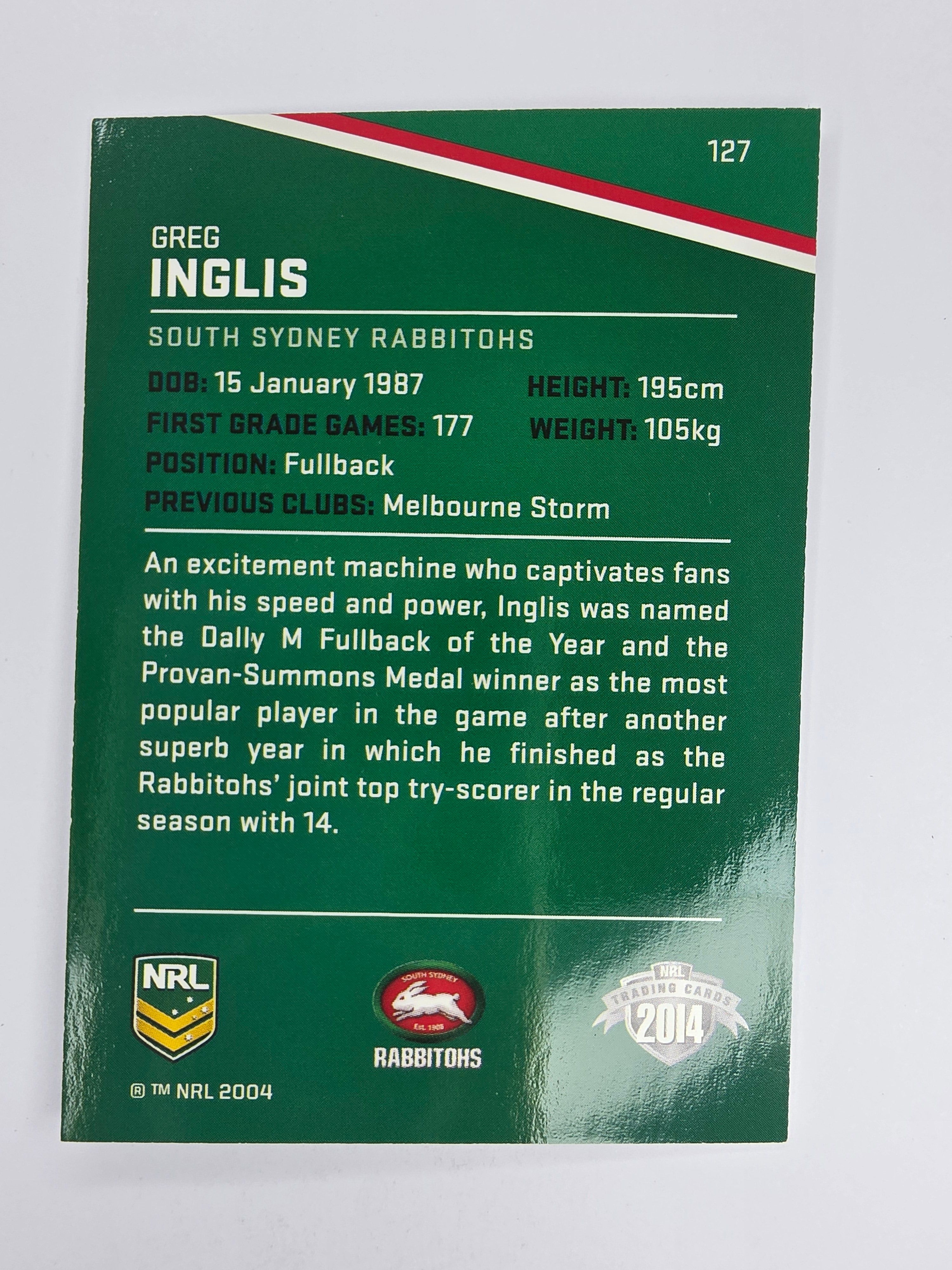 NRL 2014 Traders Base Card #127 Greg Inglis South Sydney Rabbitohs