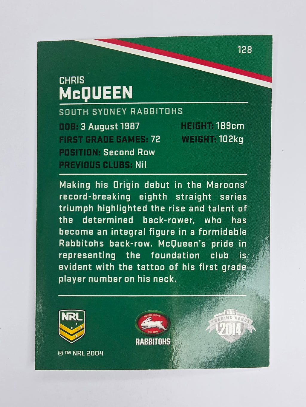 NRL 2014 Traders Base Card #128 Chris McQueen South Sydney Rabbitohs
