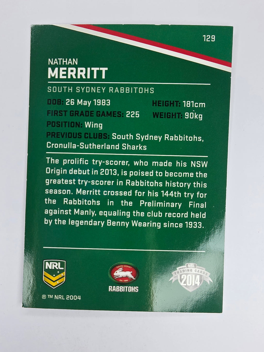 NRL 2014 Traders Base Card #129 Nathan Merritt South Sydney Rabbitohs