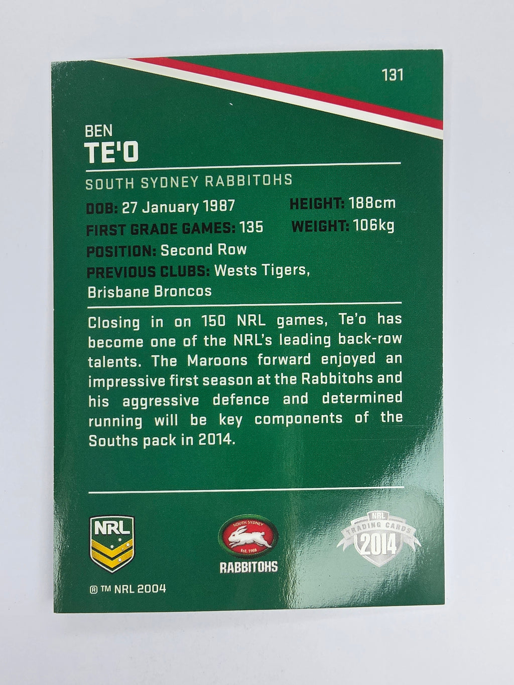 NRL 2014 Traders Base Card #131 Ben Te’o South Sydney Rabbitohs
