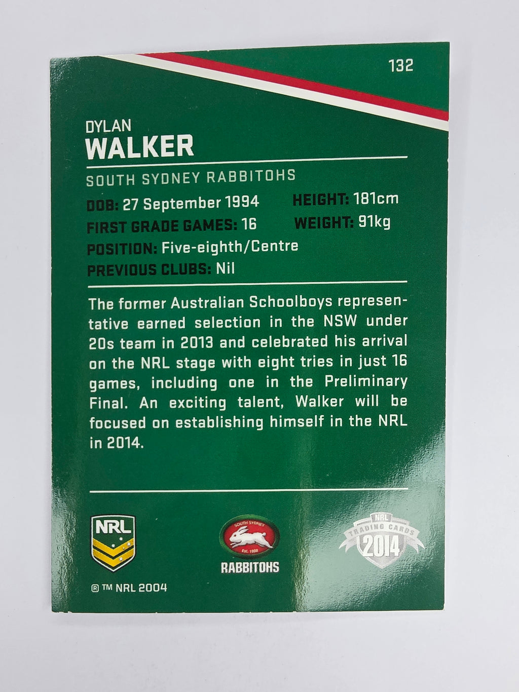 NRL 2014 Traders Base Card #132 Dylan Walker South Sydney Rabbitohs