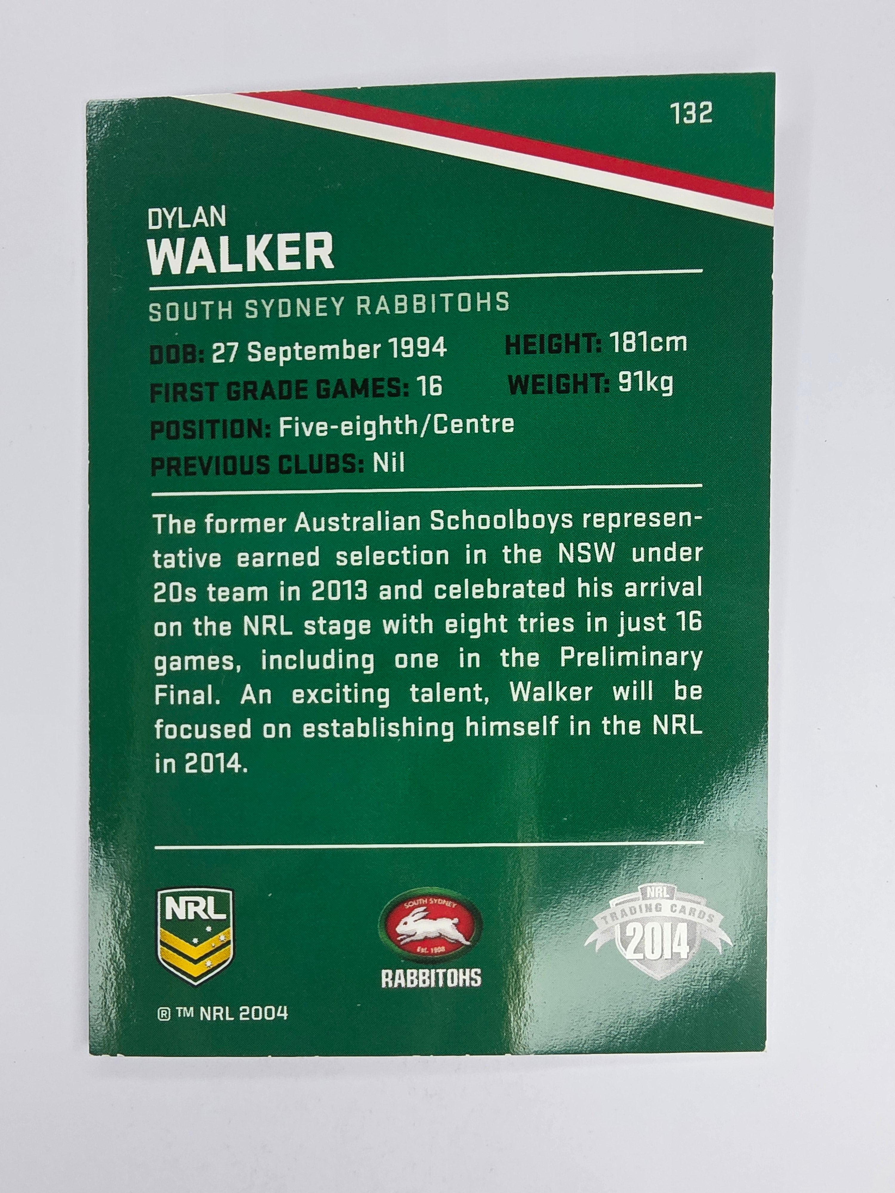 NRL 2014 Traders Base Card #132 Dylan Walker South Sydney Rabbitohs