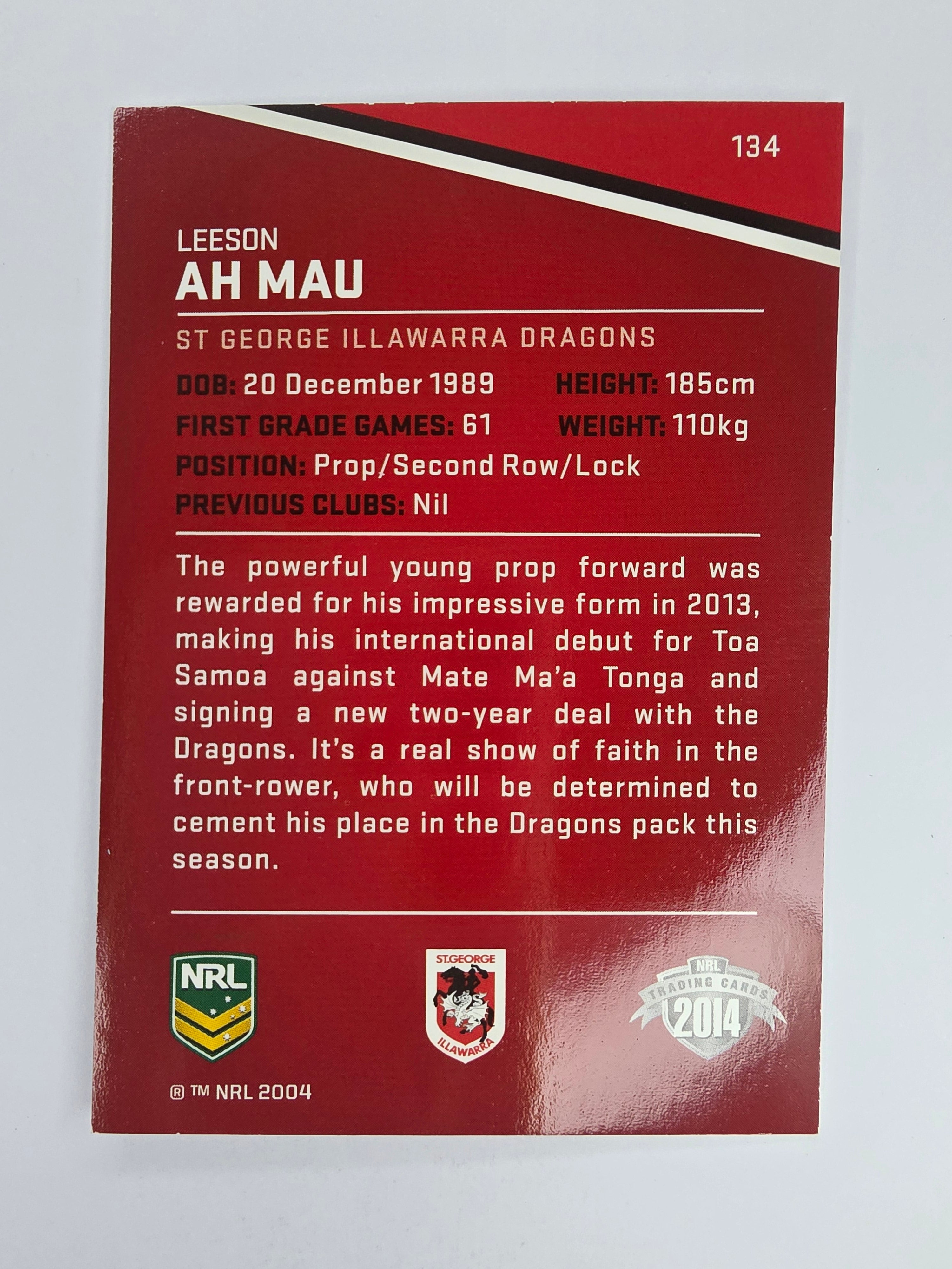 NRL 2014 Traders Base Card #134 Leeson Ah Mau St George Illawarra Dragons