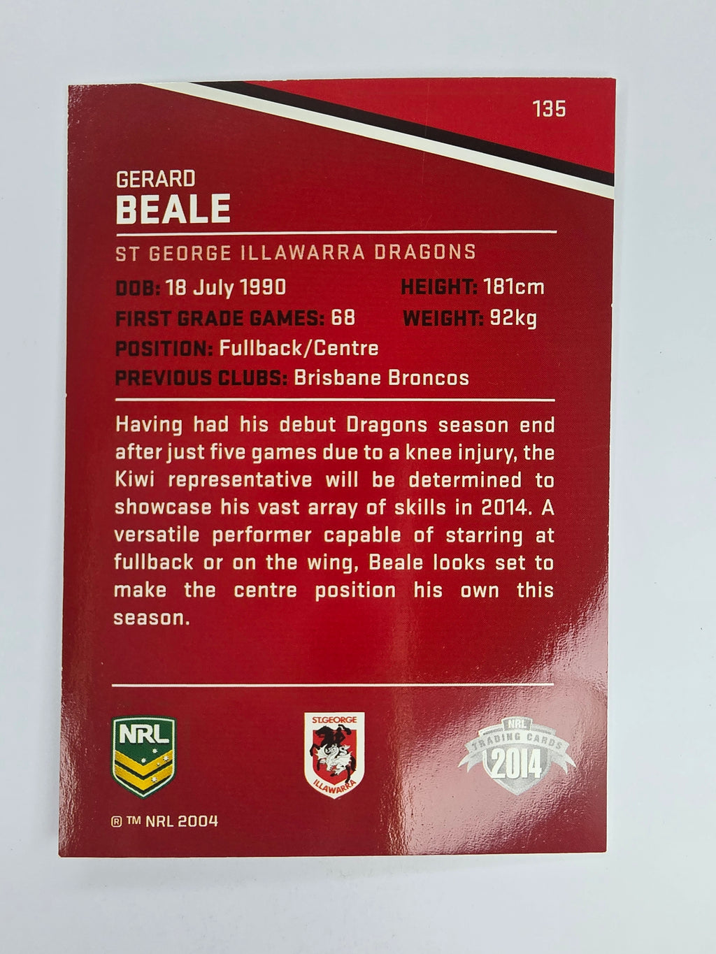 NRL 2014 Traders Base Card #135 Gerard Beale St George Illawarra Dragons