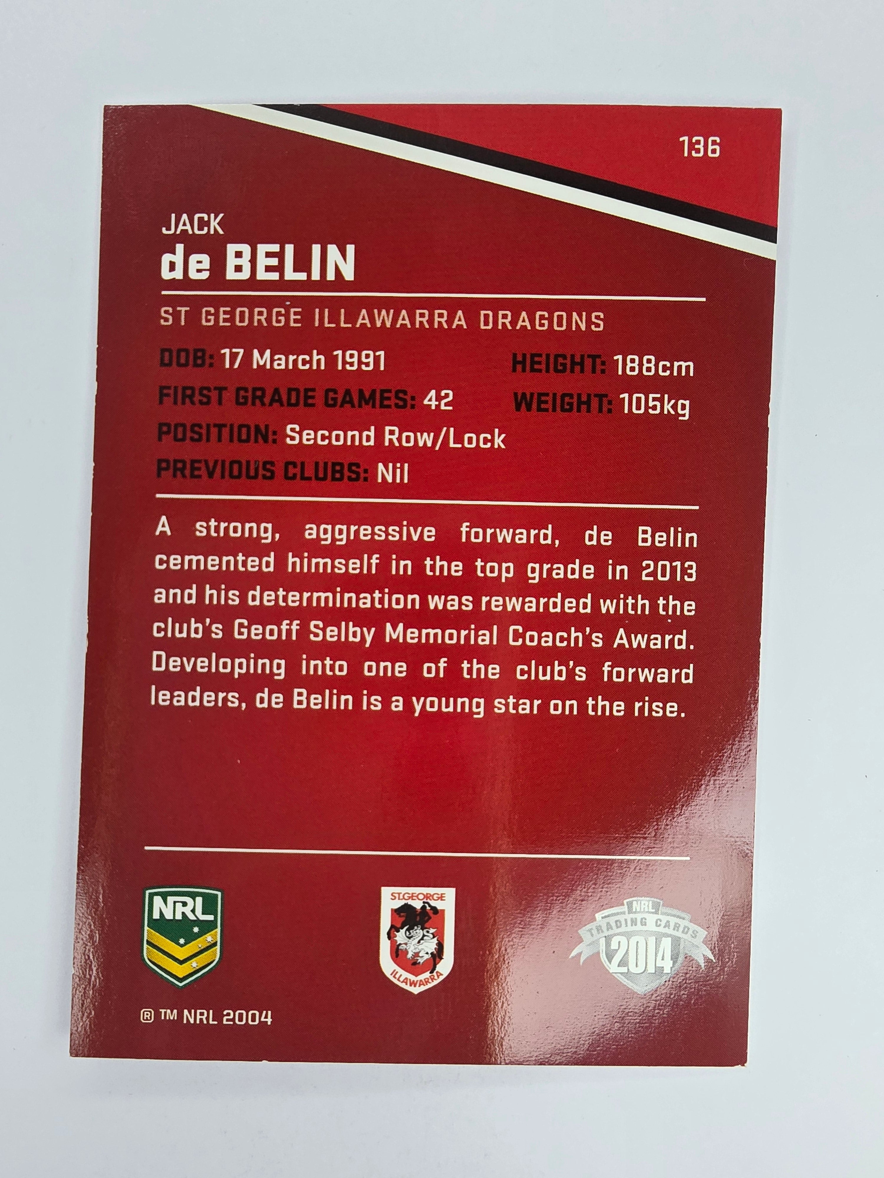 NRL 2014 Traders Base Card #136 Jack de Belin St George Illawarra Dragons