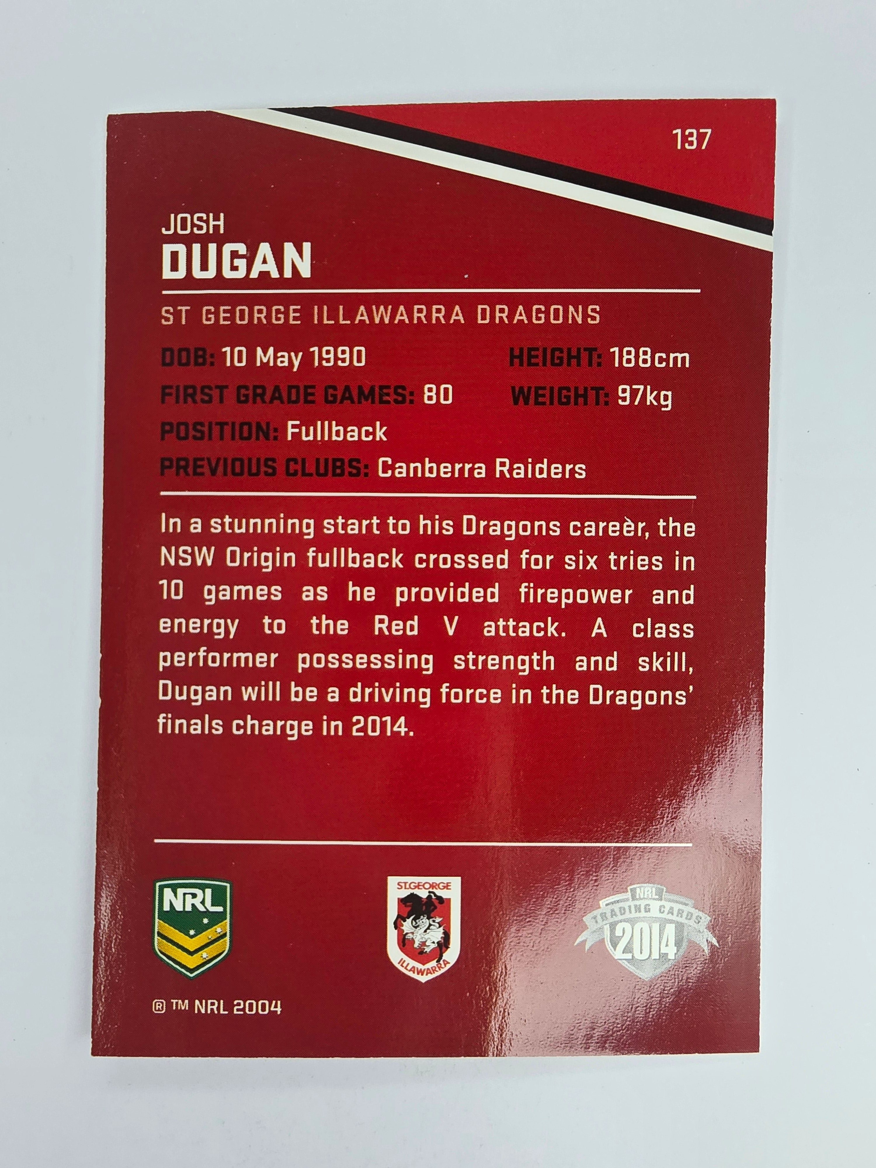 NRL 2014 Traders Base Card #137 Josh Dugan St George Illawarra Dragons