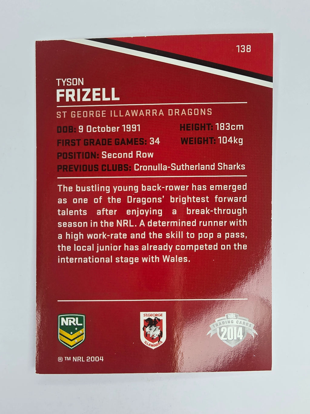 NRL 2014 Traders Base Card #138 Tyson Frizell St George Illawarra Dragons