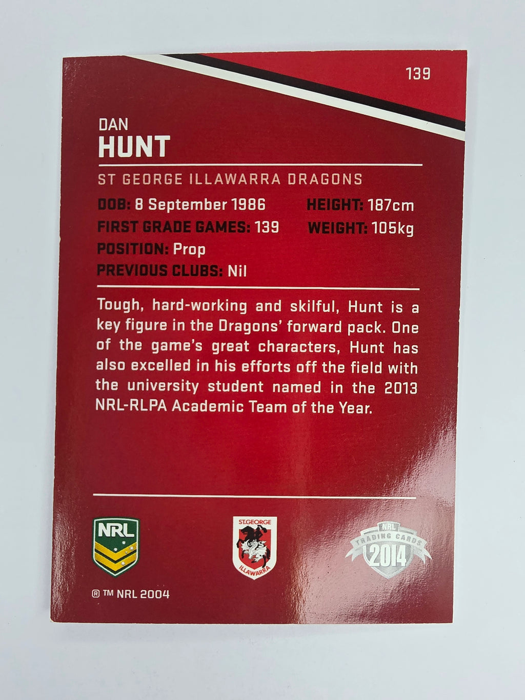 NRL 2014 Traders Base Card #139 Dan Hunt St George Illawarra Dragons