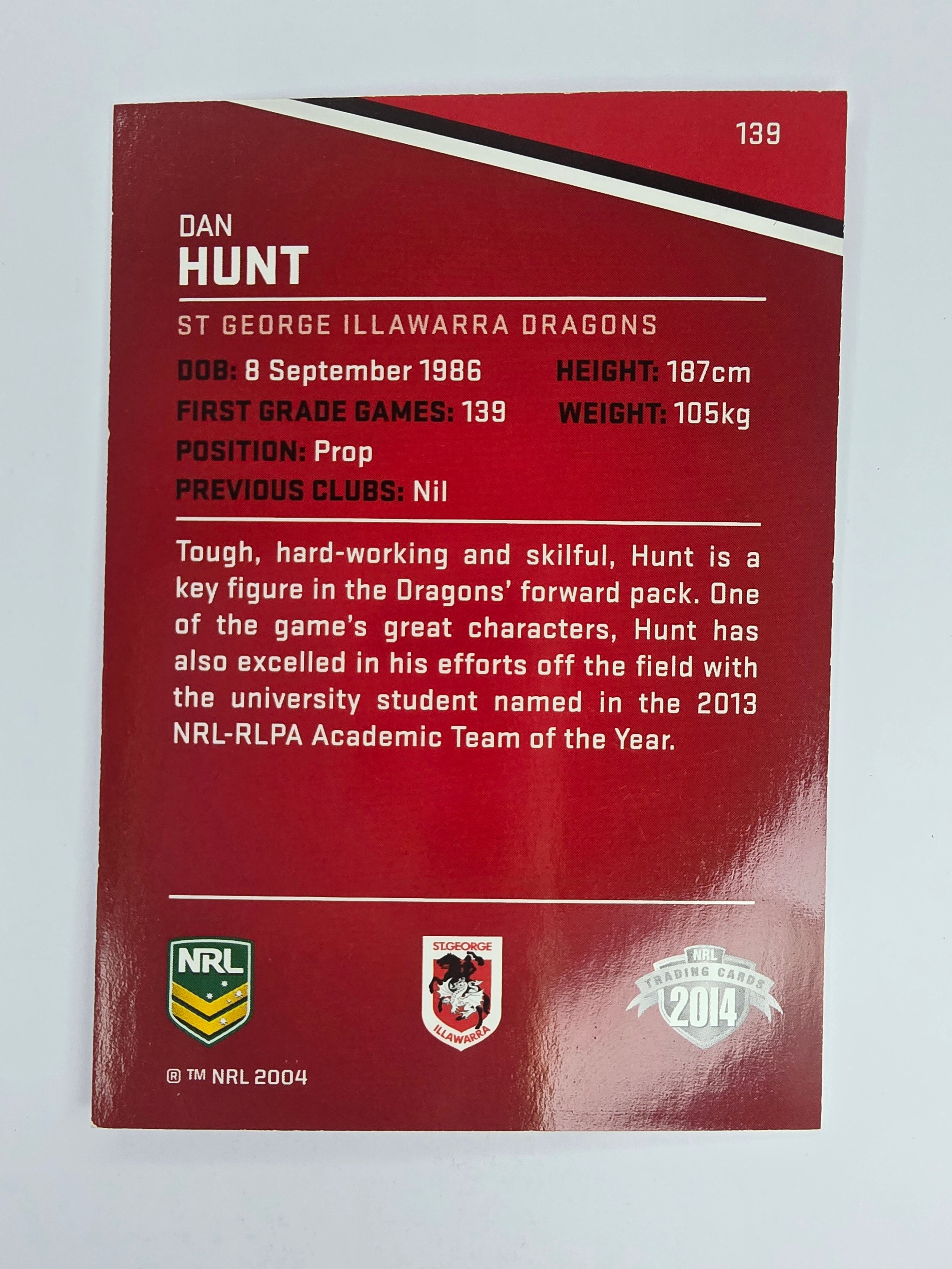 NRL 2014 Traders Base Card #139 Dan Hunt St George Illawarra Dragons