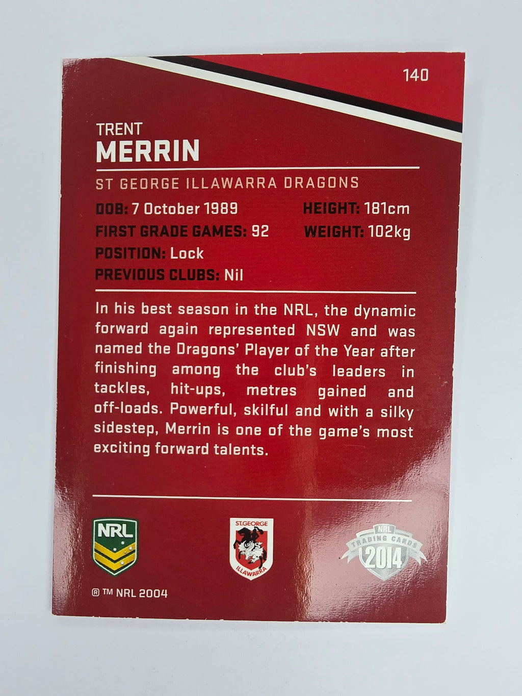 NRL 2014 Traders Base Card #140 Trent Merrin St George Illawarra Dragons