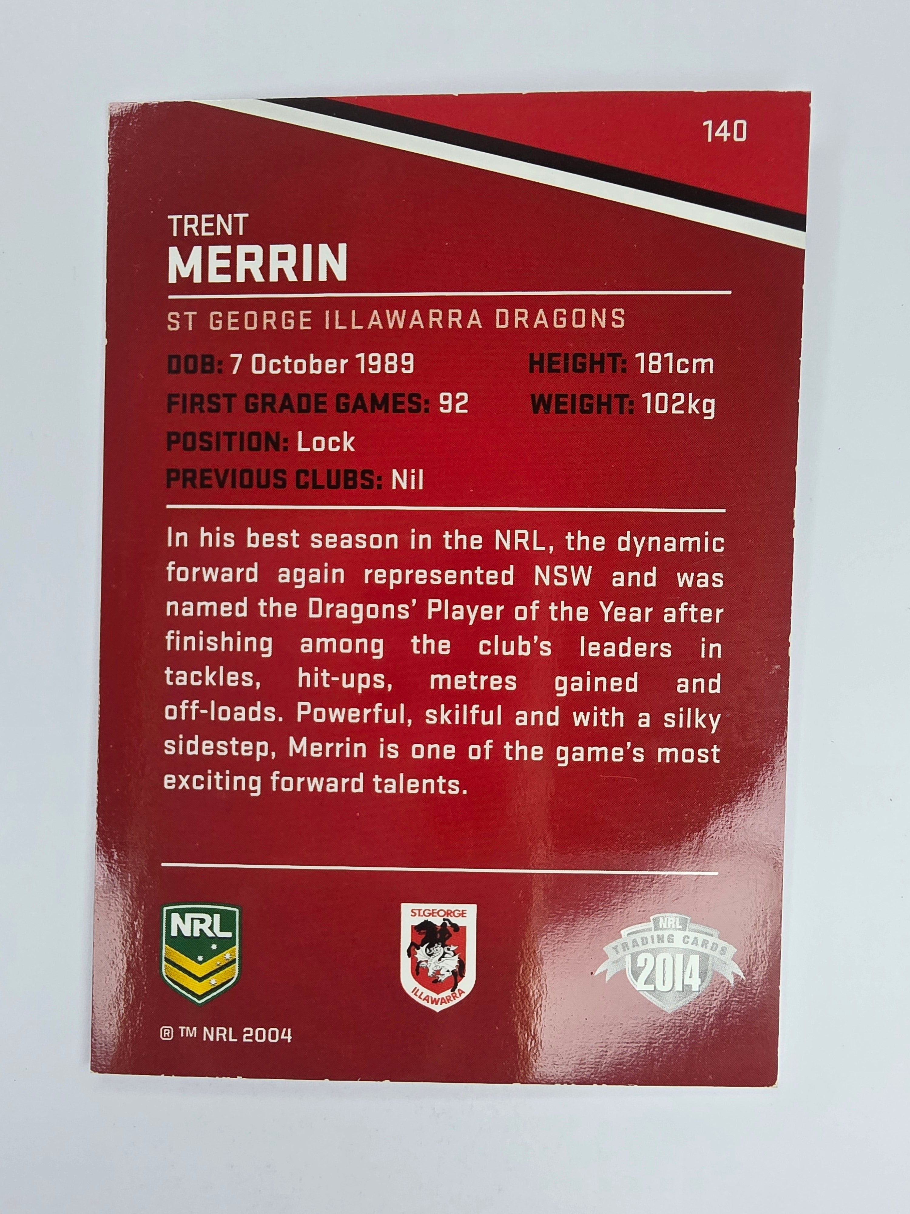 NRL 2014 Traders Base Card #140 Trent Merrin St George Illawarra Dragons