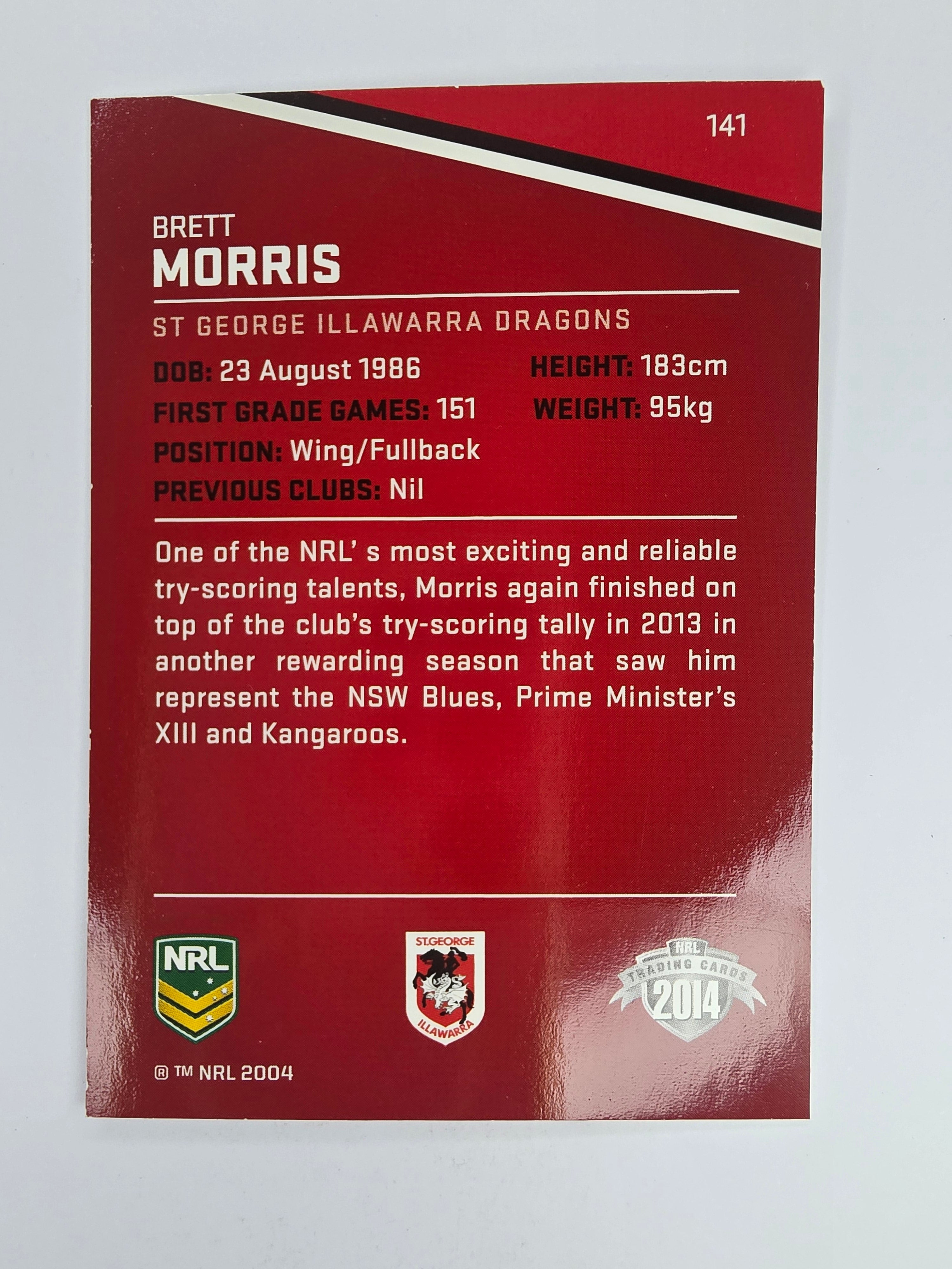 NRL 2014 Traders Base Card #141 Brett Morris St George Illawarra Dragons