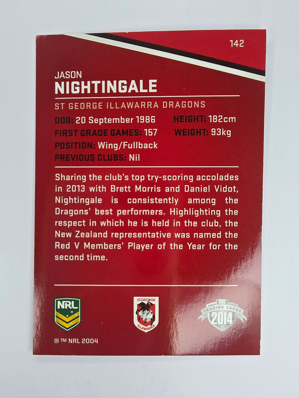 NRL 2014 Traders Base Card #142 Jason Nightingale St George Illawarra Dragons