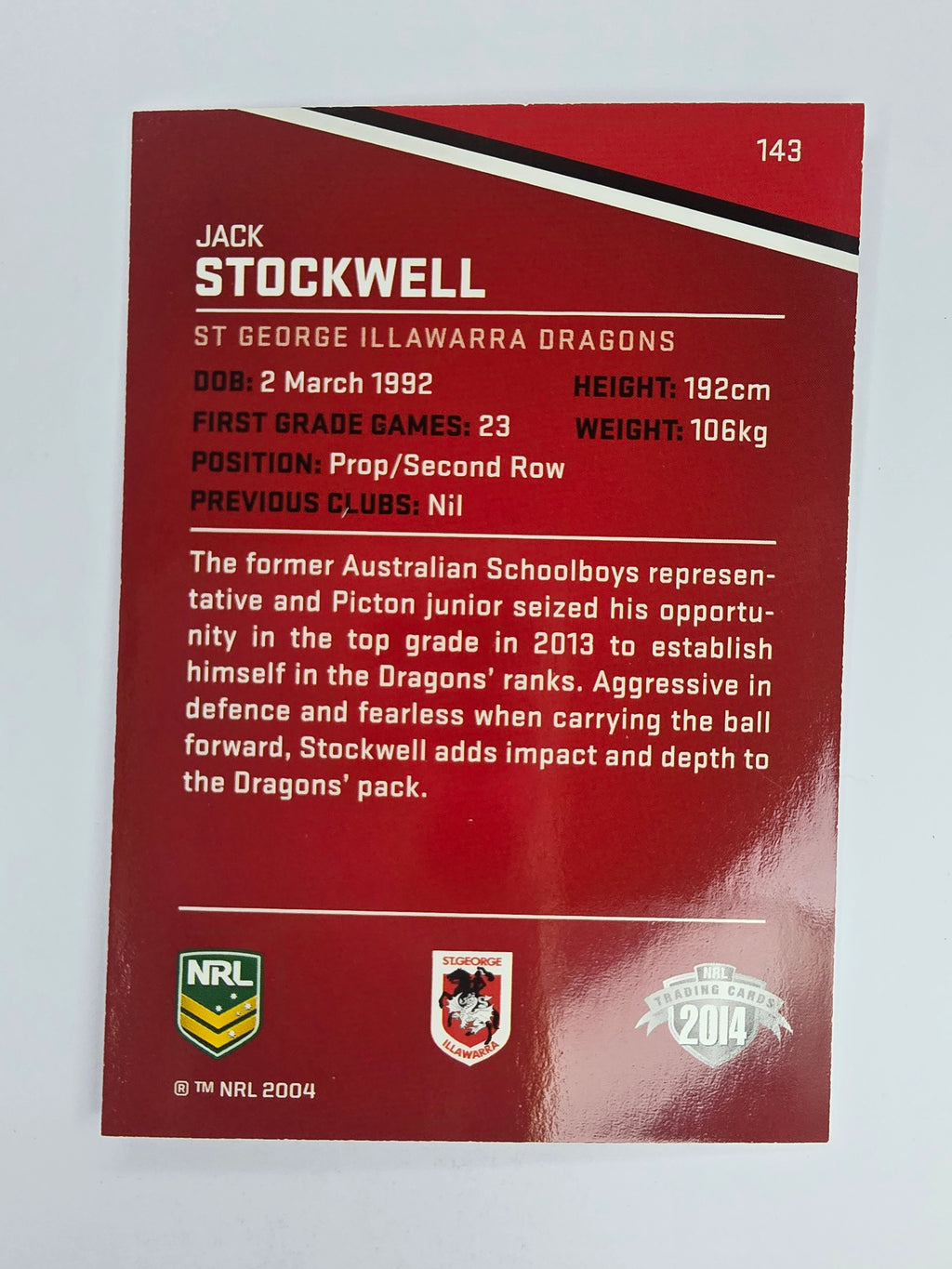 NRL 2014 Traders Base Card #143 Jack Stockwell St George Illawarra Dragons