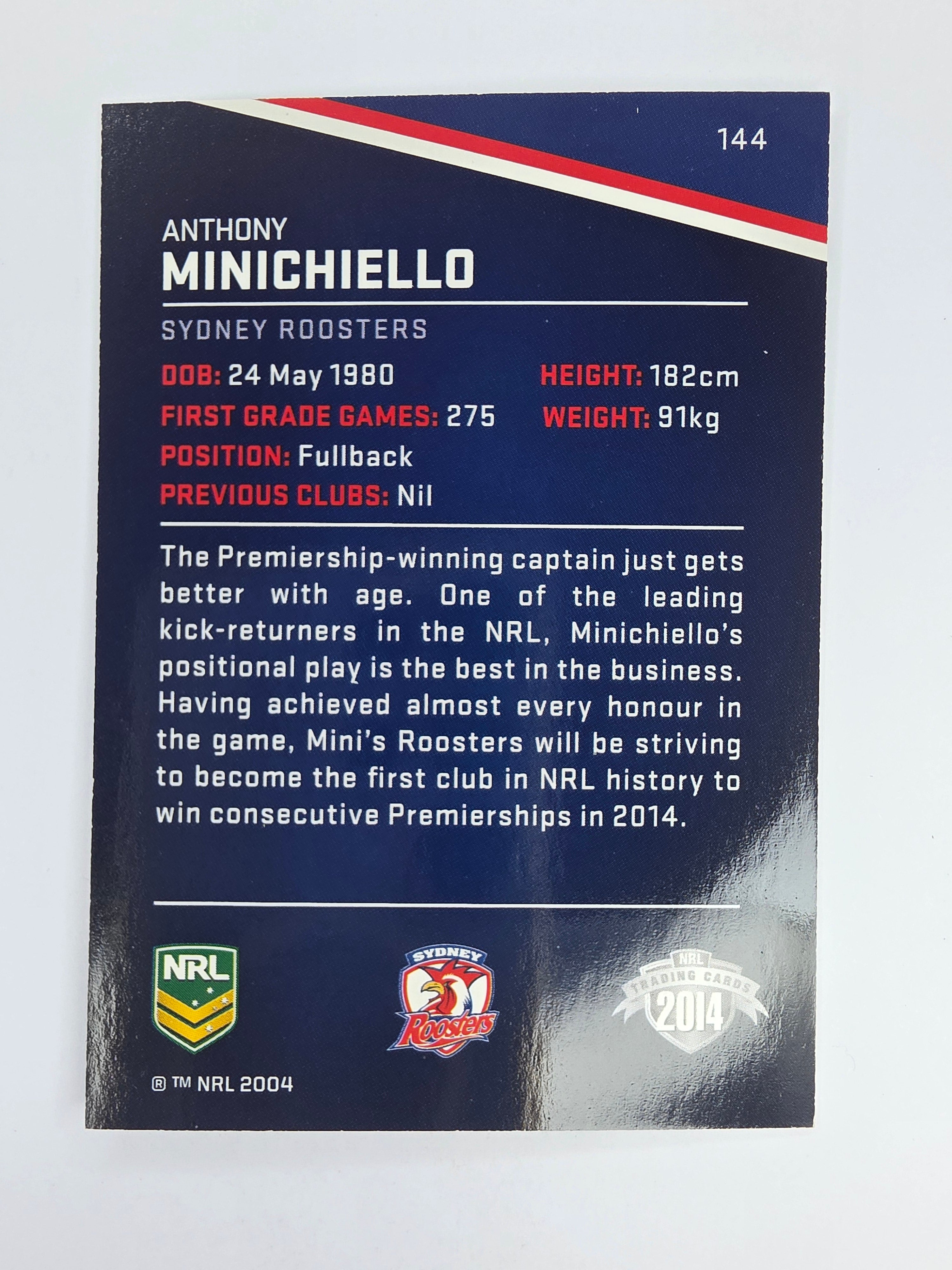 NRL 2014 Traders Base Card #144 Anthony Minichiello Sydney Roosters