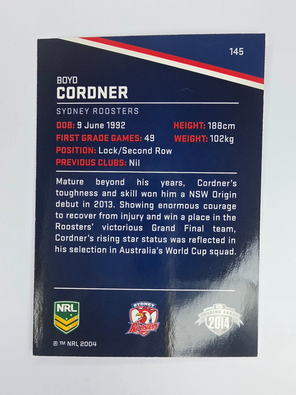 NRL 2014 Traders Base Card #145 Boyd Cordner Sydney Roosters