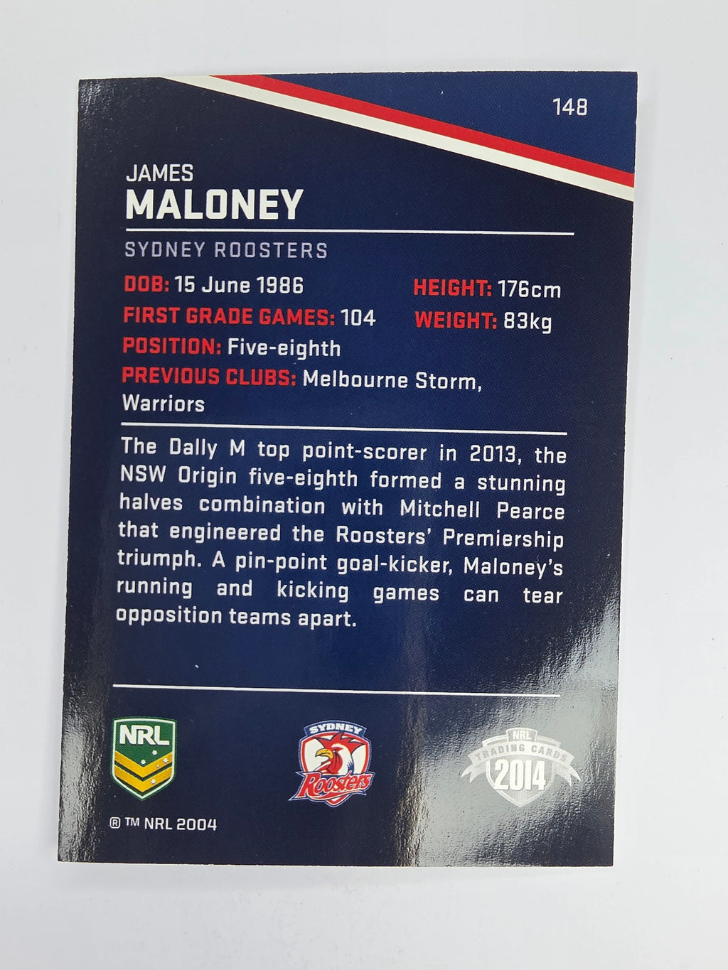 NRL 2014 Traders Base Card #148 James Maloney Sydney Roosters