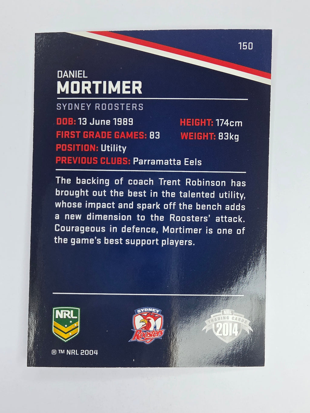 NRL 2014 Traders Base Card #150 Daniel Mortimer Sydney Roosters