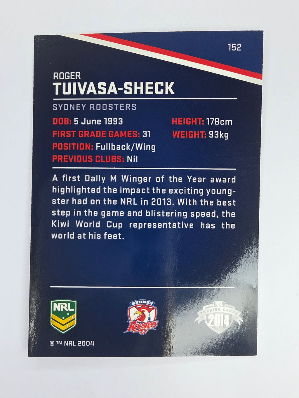 NRL 2014 Traders Base Card #152 Roger Tuivasa-Sheck Sydney Roosters