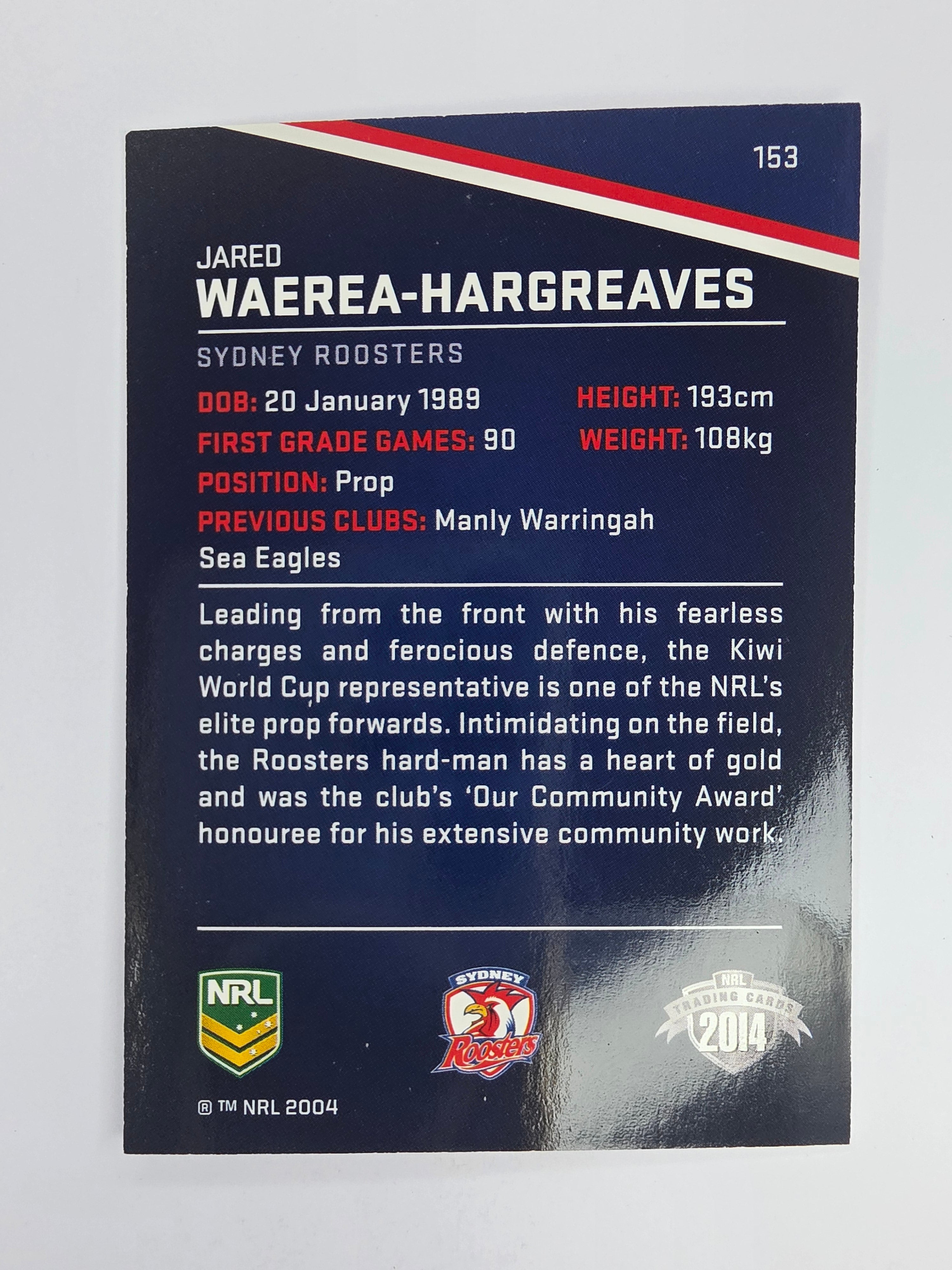 NRL 2014 Traders Base Card #153 Jared Waerea-Hargreaves Sydney Roosters