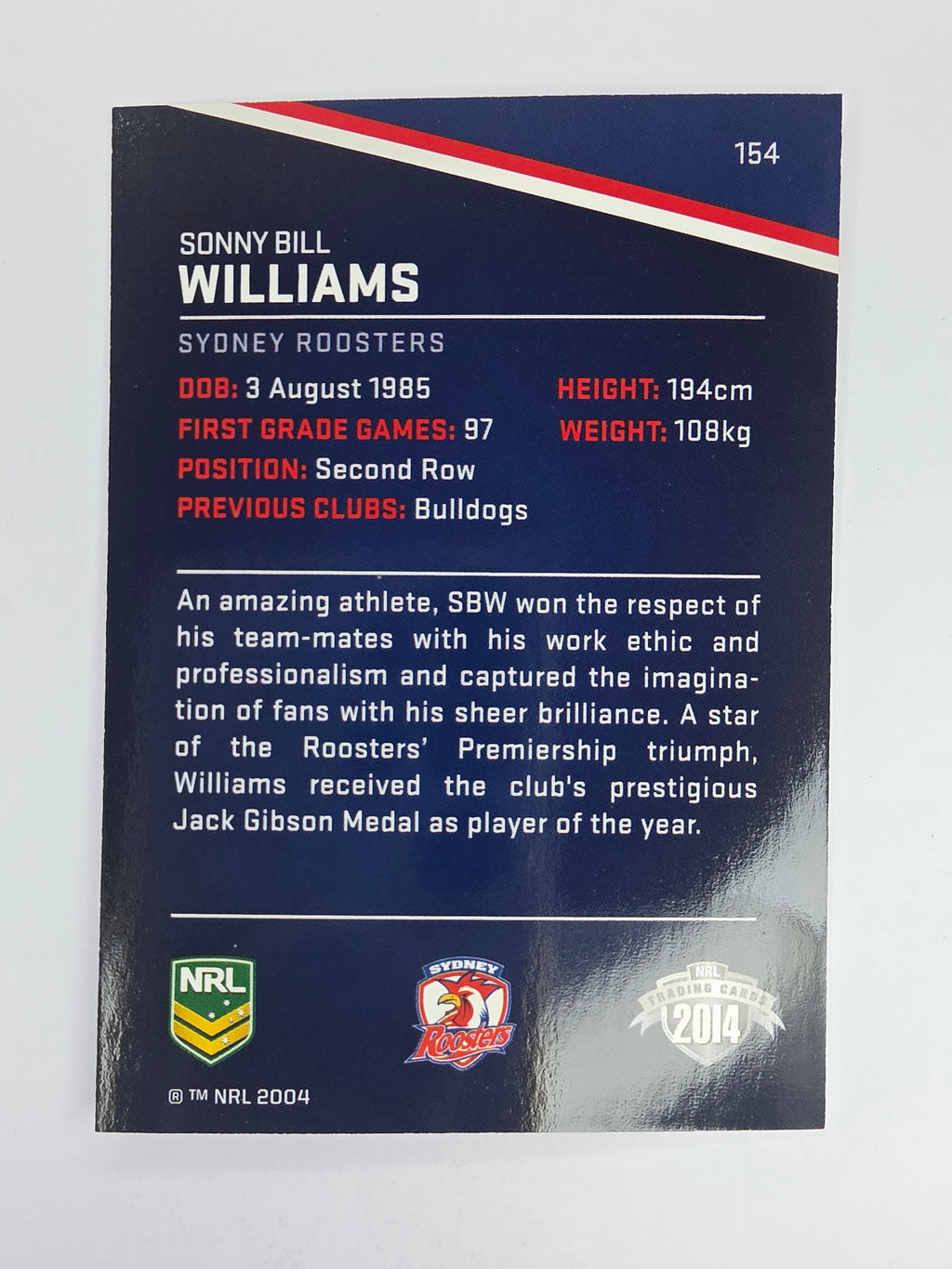 NRL 2014 Traders Base Card #154 Sonny Bill Williams Sydney Roosters