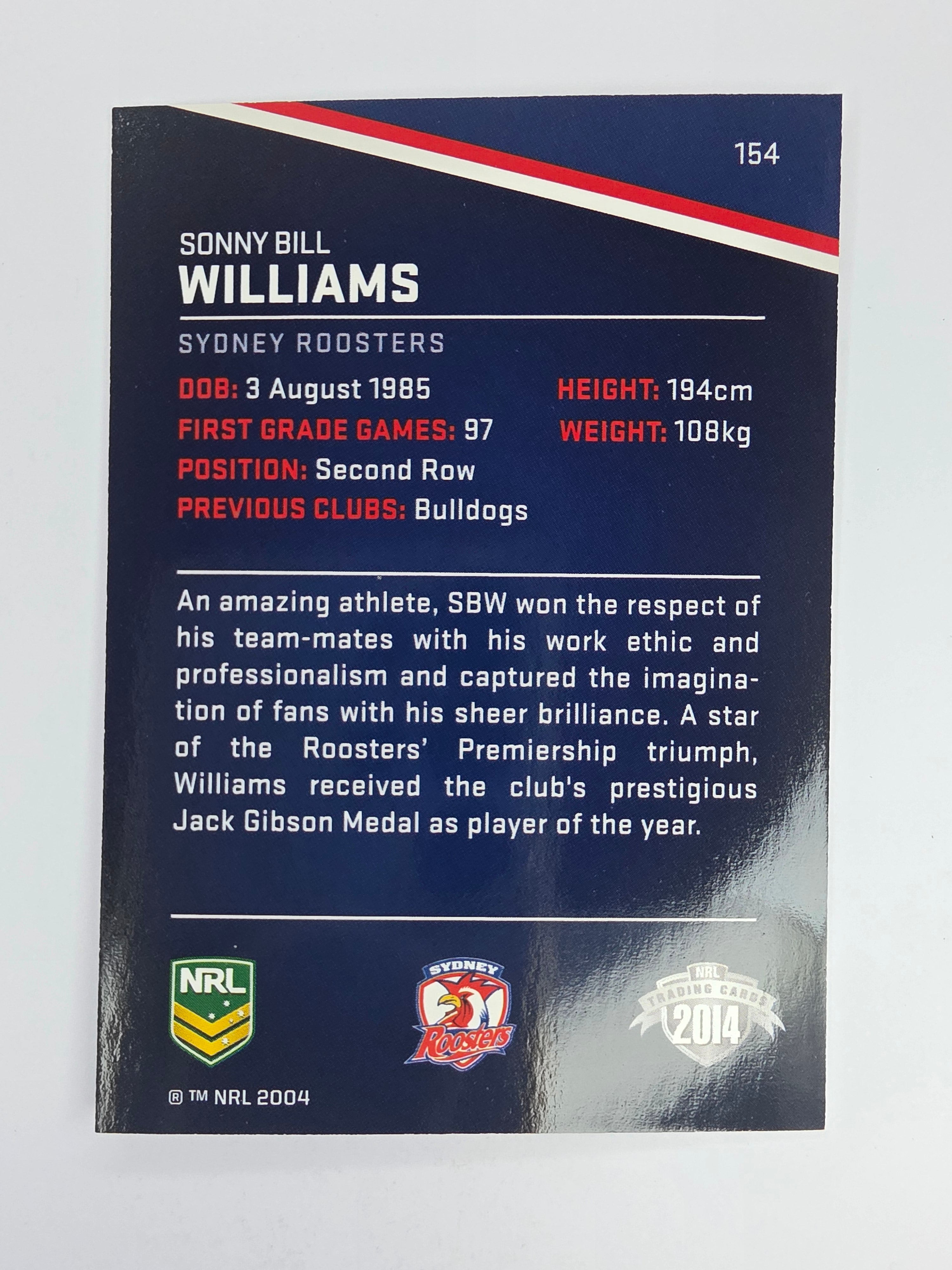 NRL 2014 Traders Base Card #154 Sonny Bill Williams Sydney Roosters