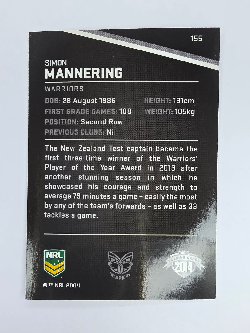 NRL 2014 Traders Base Card #155 Simon Mannering New Zealand Warriors