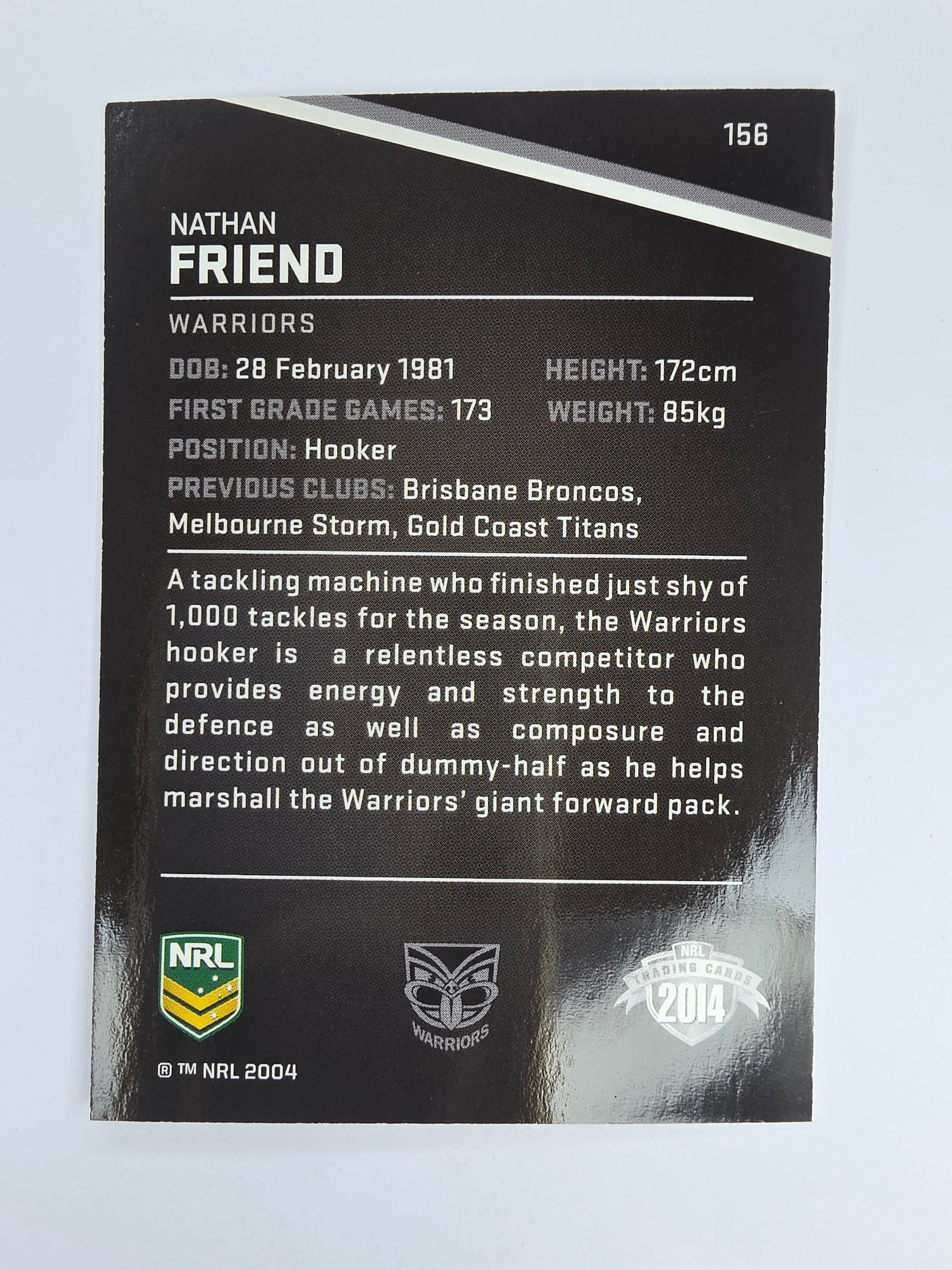 NRL 2014 Traders Base Card #156 Nathan Friend New Zealand Warriors
