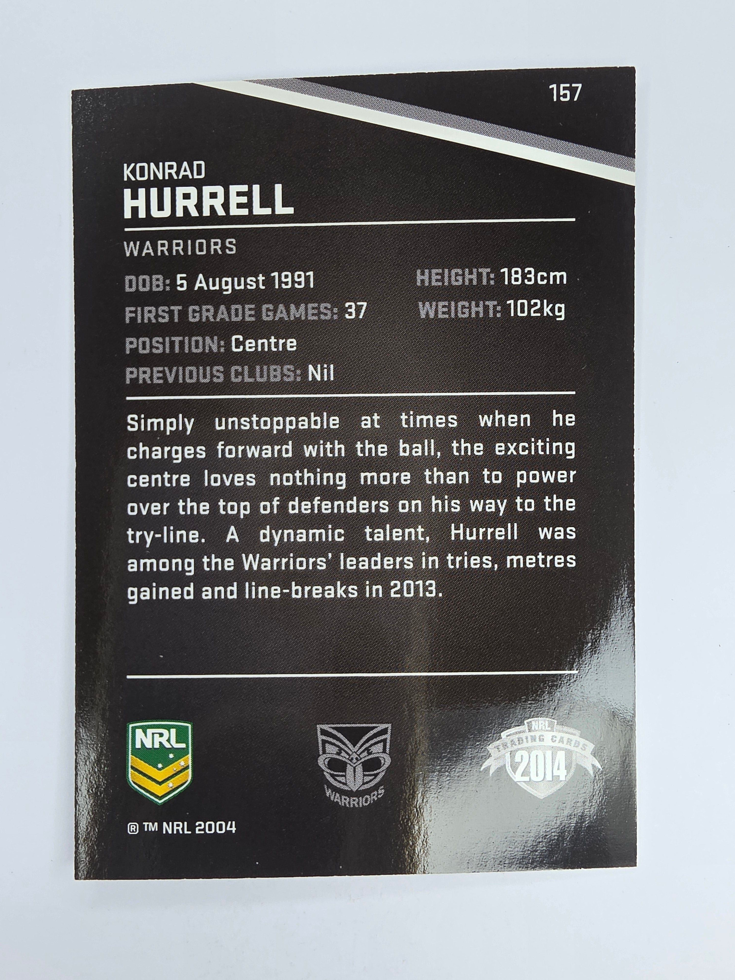 NRL 2014 Traders Base Card #157 Konrad Hurrell New Zealand Warriors