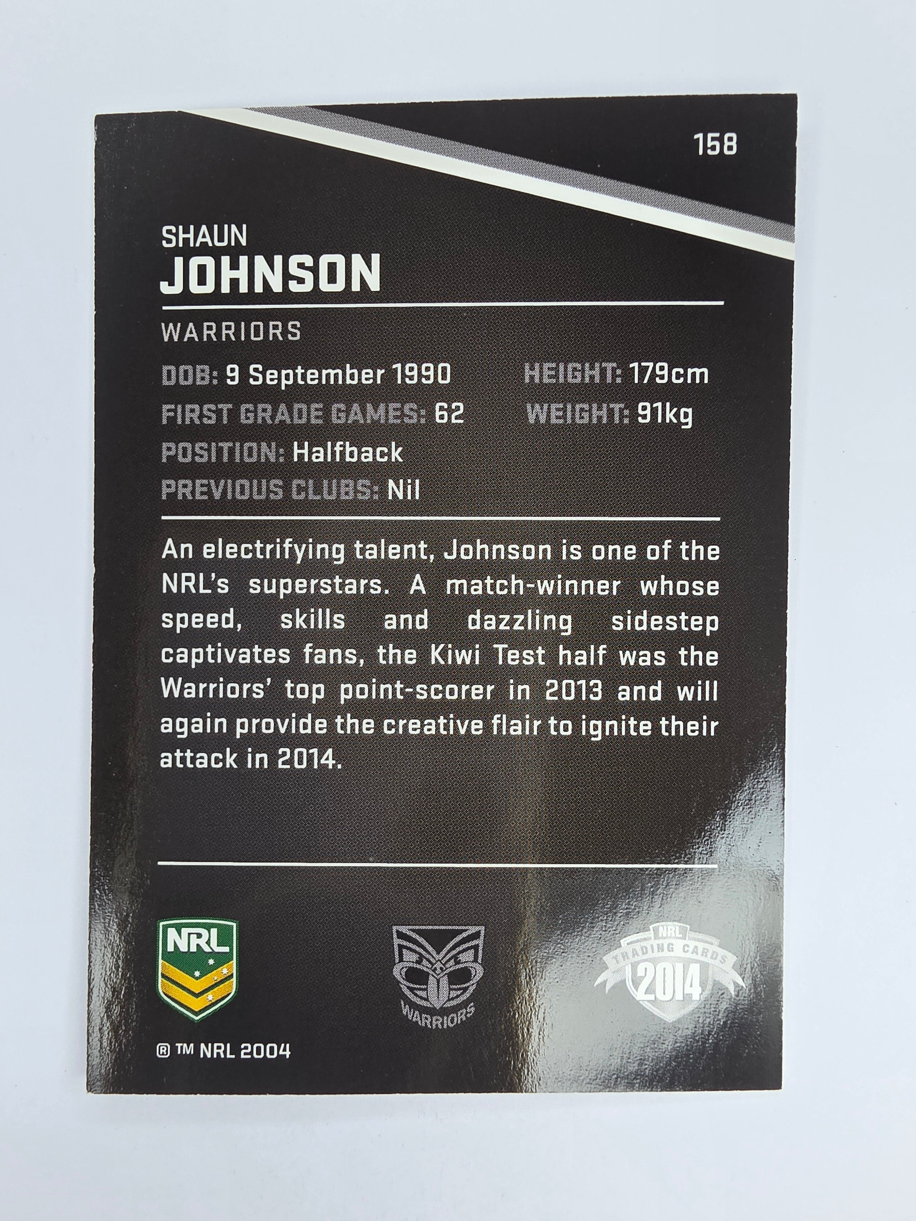 NRL 2014 Traders Base Card #158 Shaun Johnson New Zealand Warriors