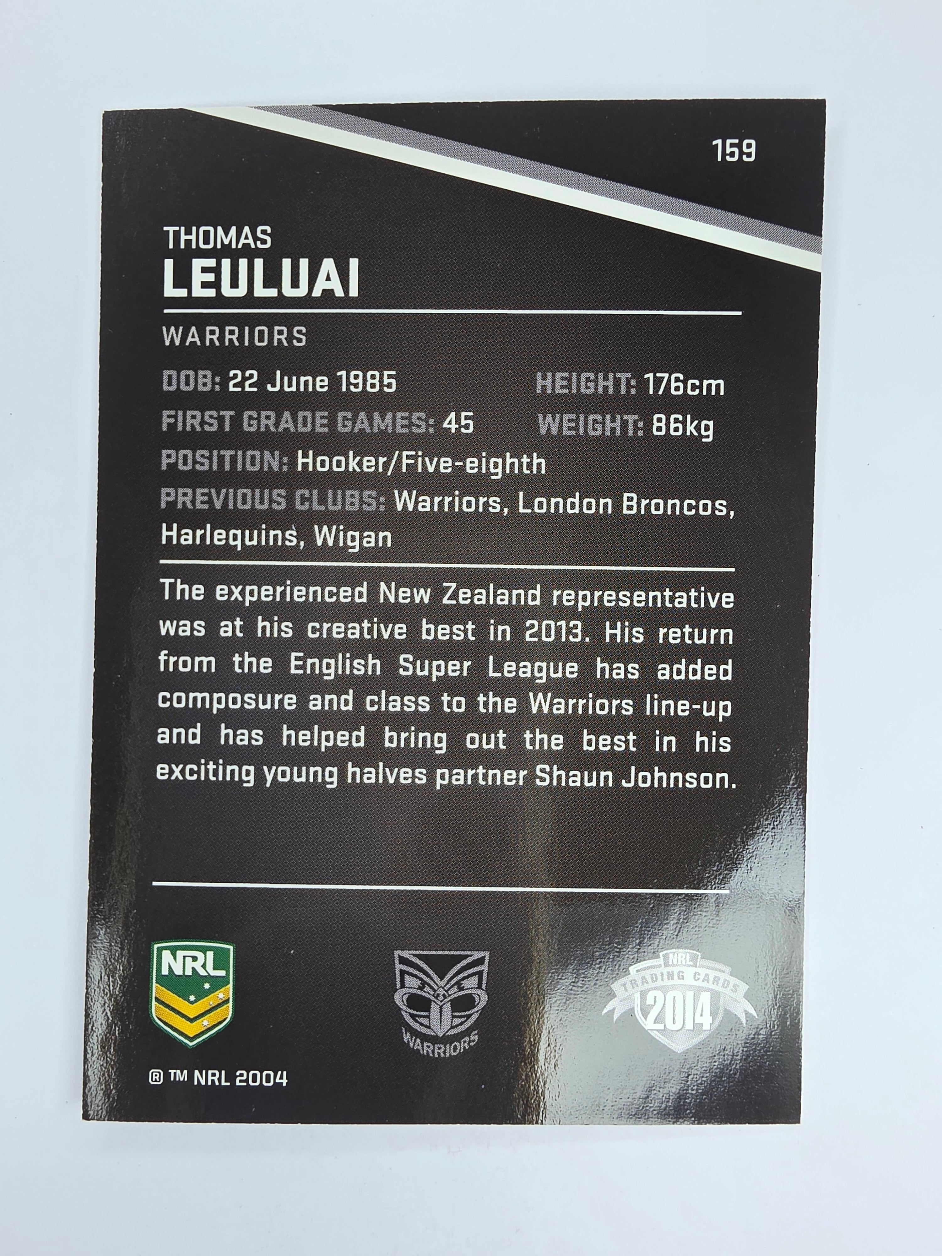 NRL 2014 Traders Base Card #159 Thomas Leuluai New Zealand Warriors