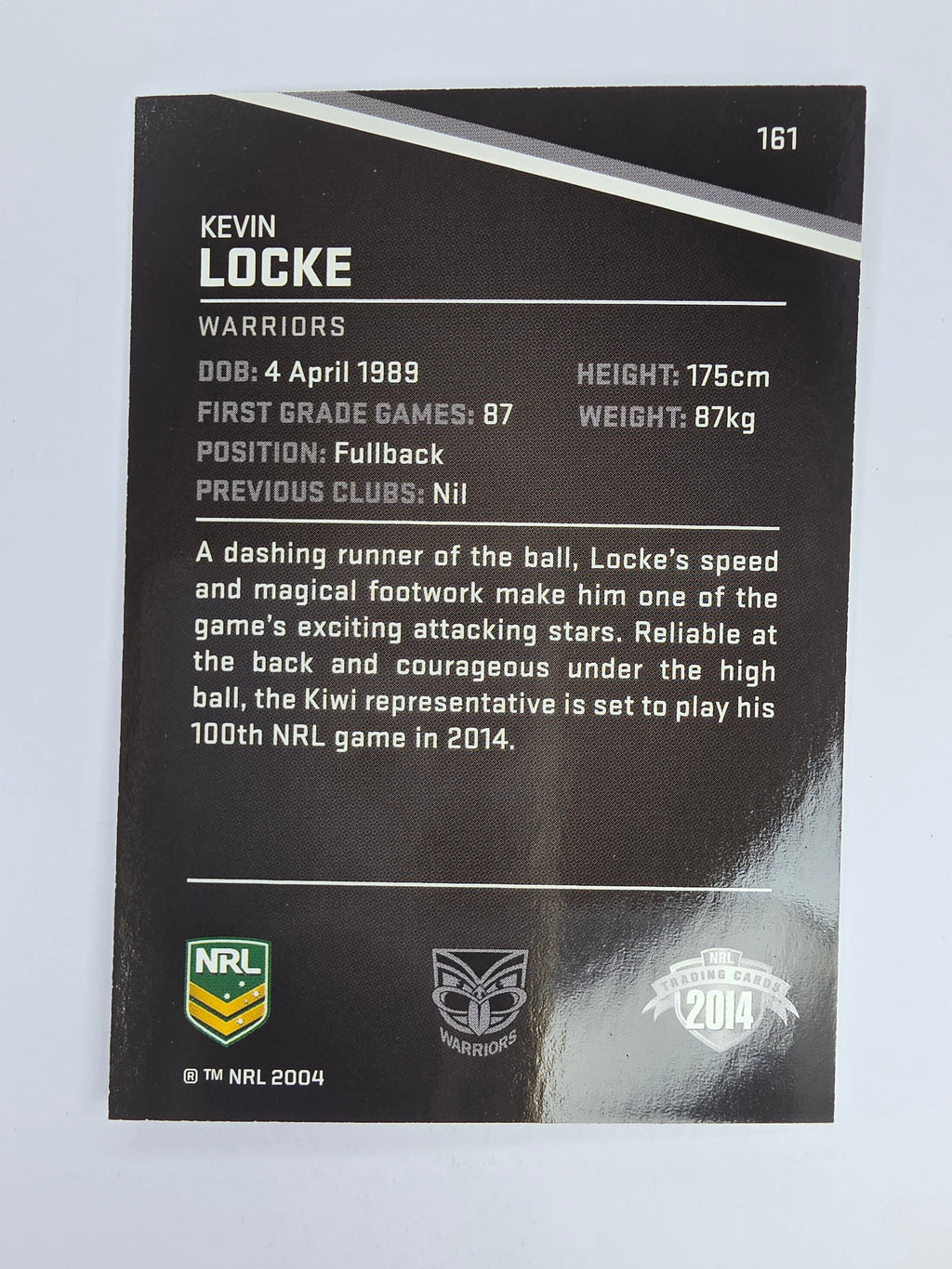 NRL 2014 Traders Base Card #161 Kevin Locke New Zealand Warriors