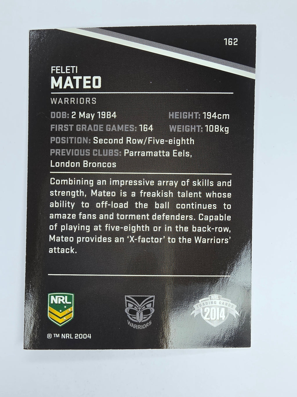 NRL 2014 Traders Base Card #162 Feleti Mateo New Zealand Warriors