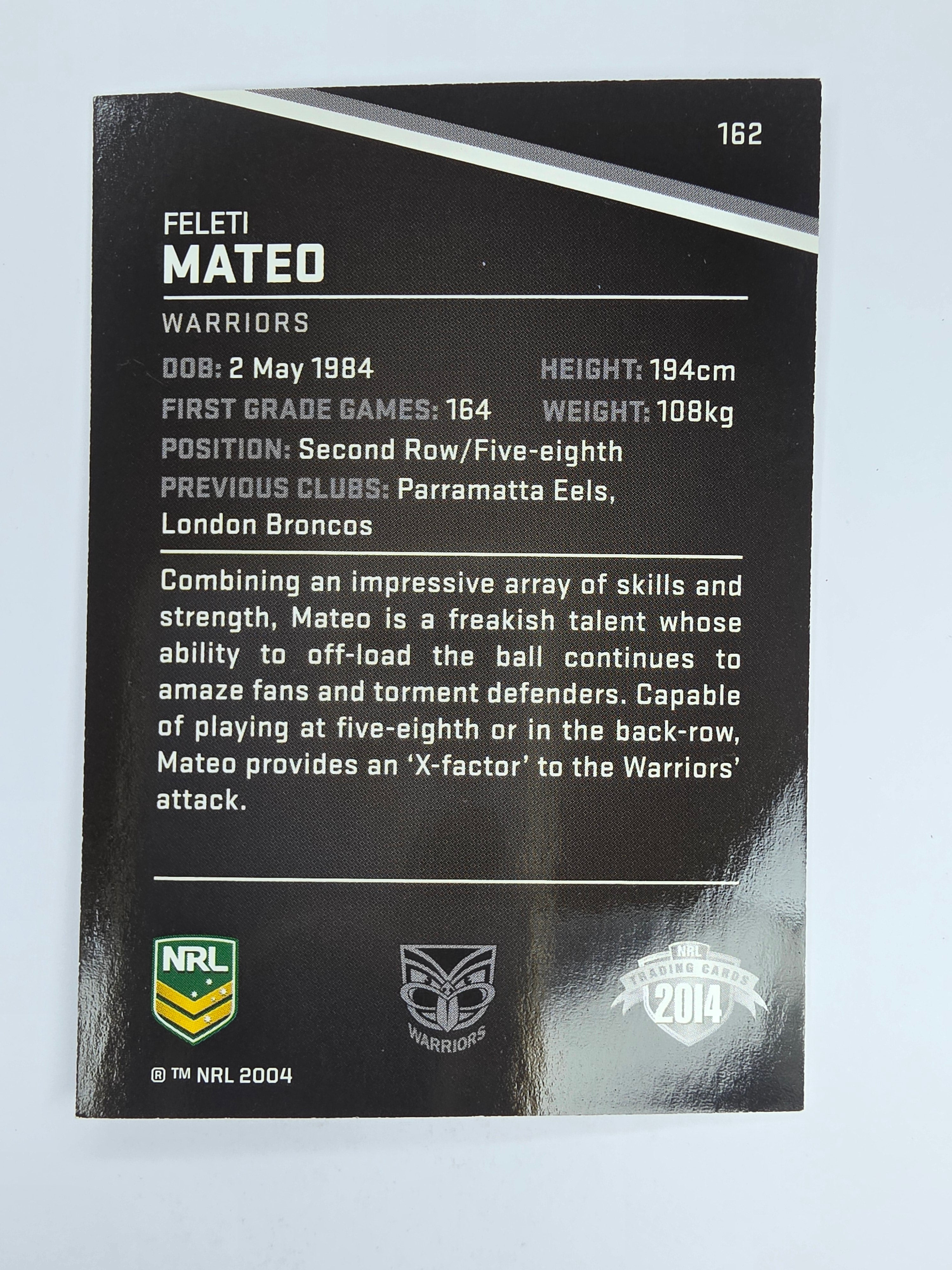 NRL 2014 Traders Base Card #162 Feleti Mateo New Zealand Warriors