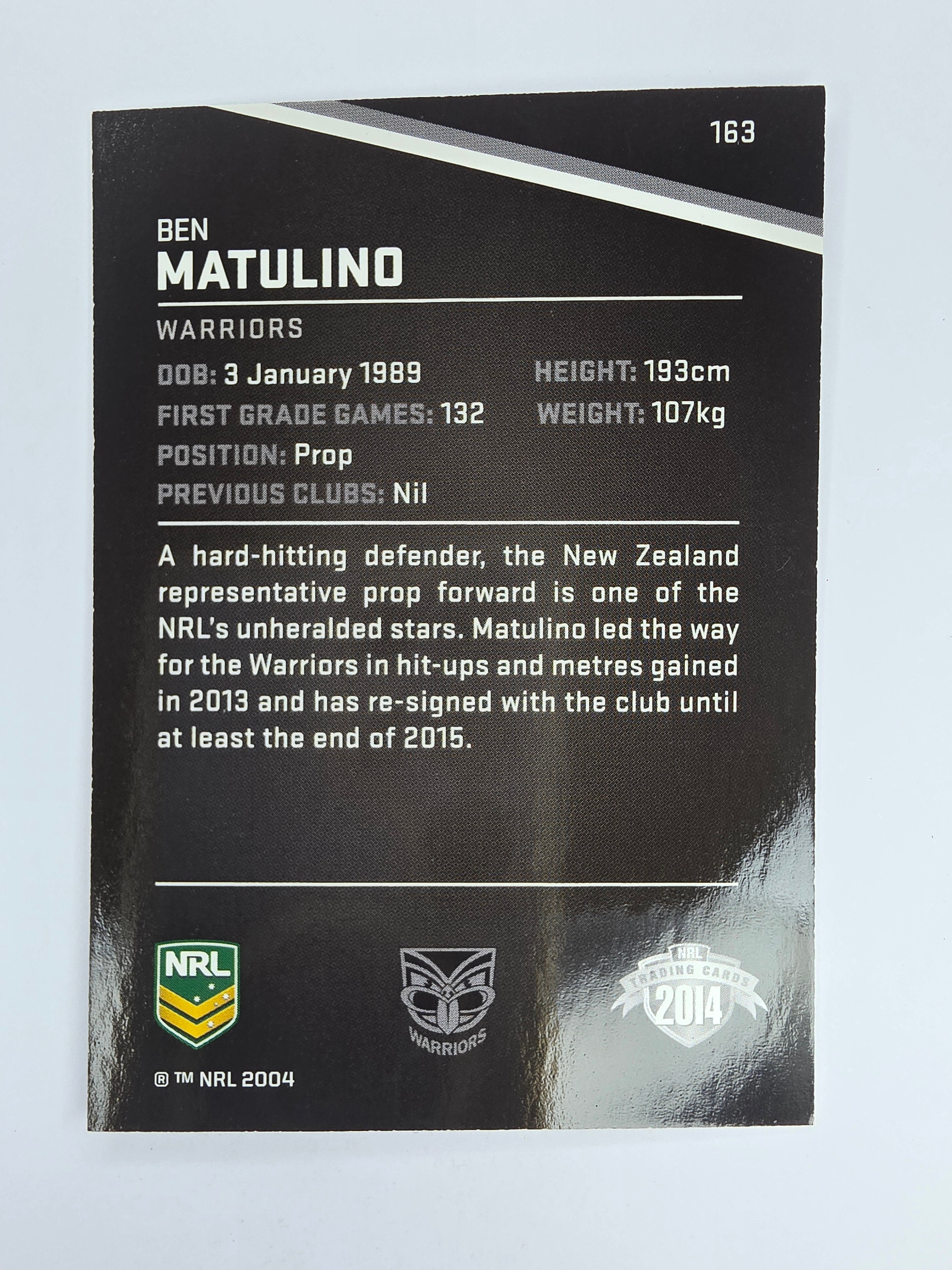 NRL 2014 Traders Base Card #163 Ben Matulino New Zealand Warriors