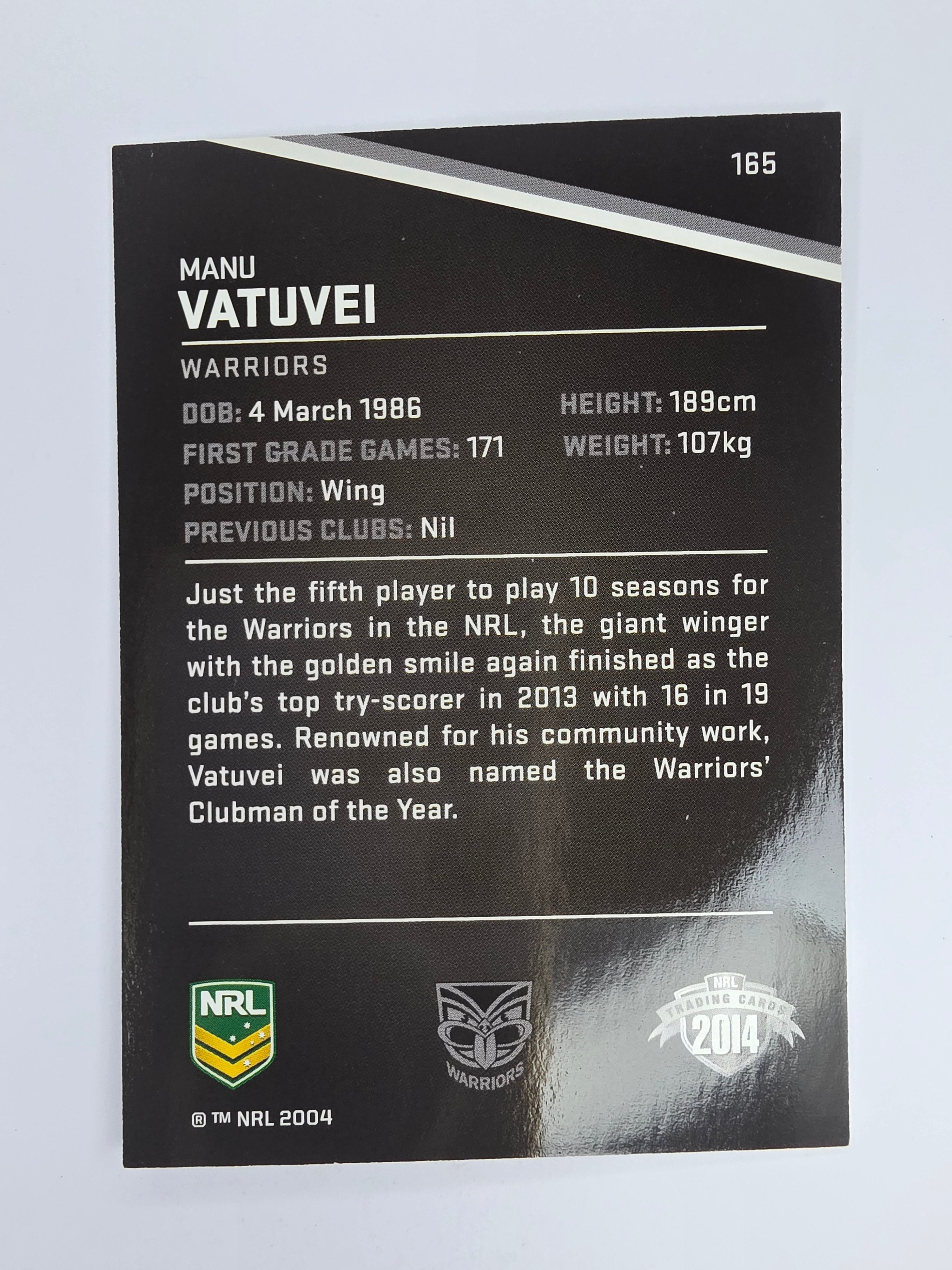 NRL 2014 Traders Base Card #165 Manu Vatuvei New Zealand Warriors