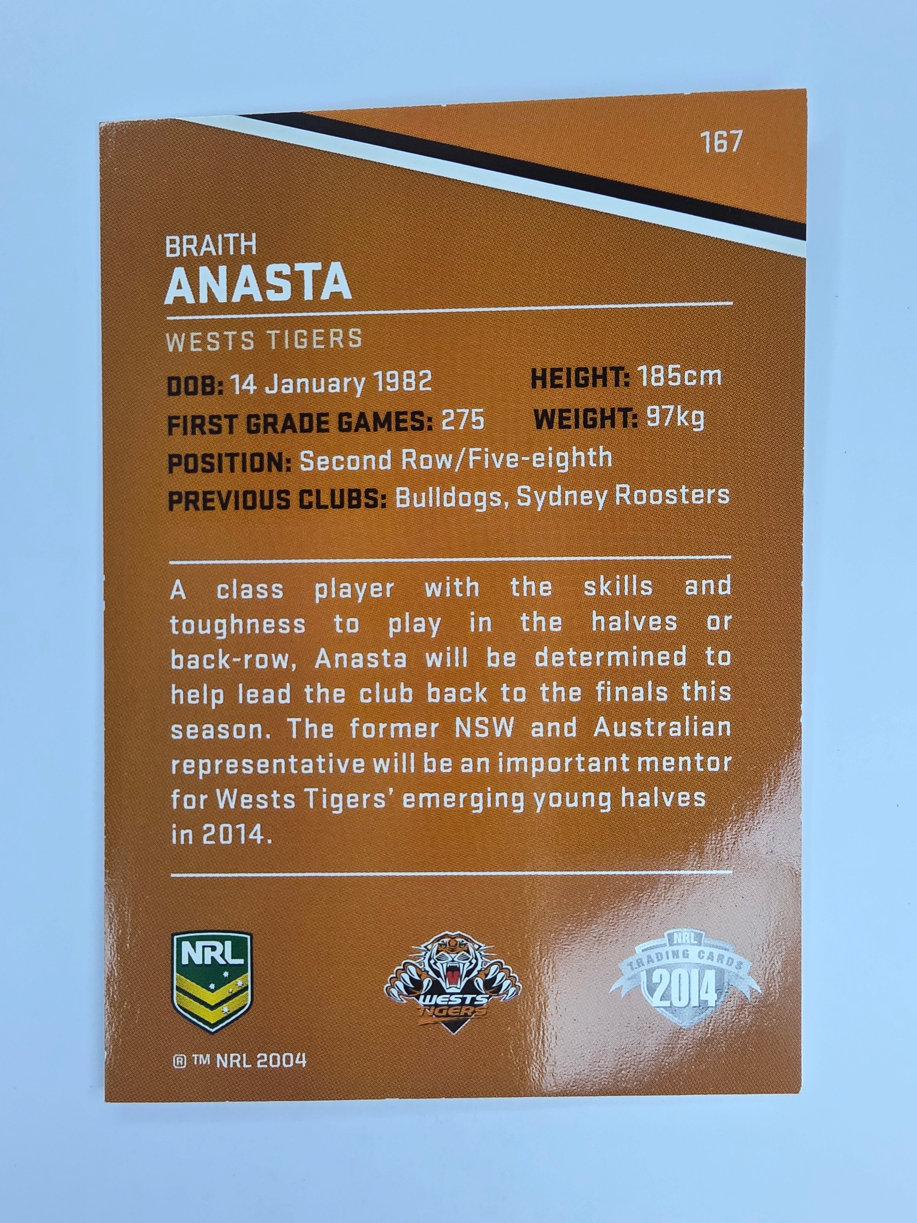 NRL 2014 Traders Base Card #167 Braith Anasta Wests Tigers