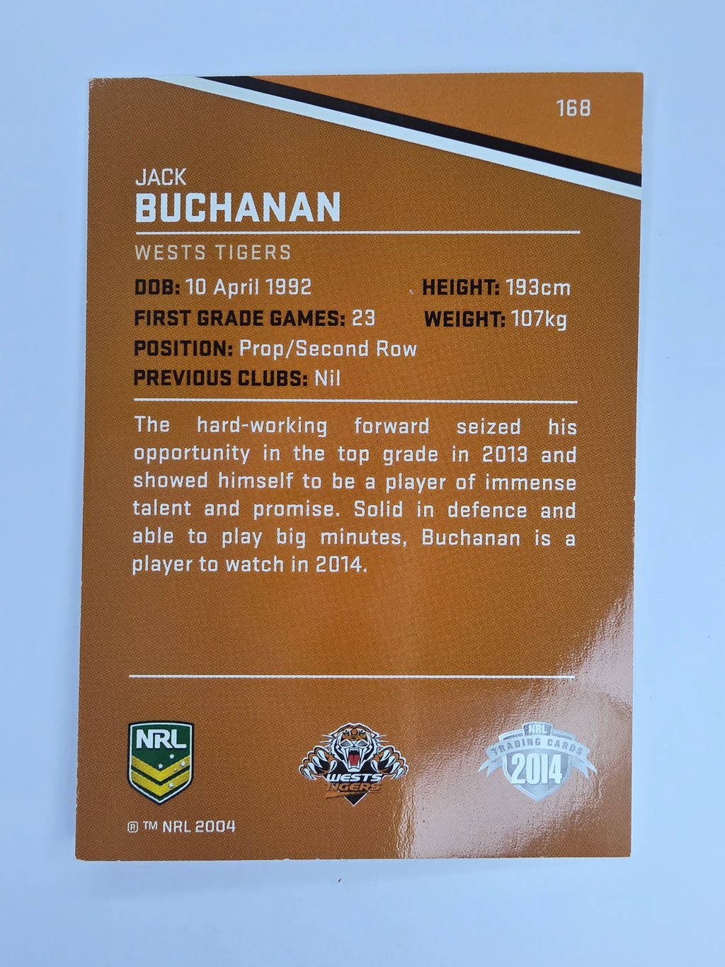 NRL 2014 Traders Base Card #168 Jack Buchanan Wests Tigers