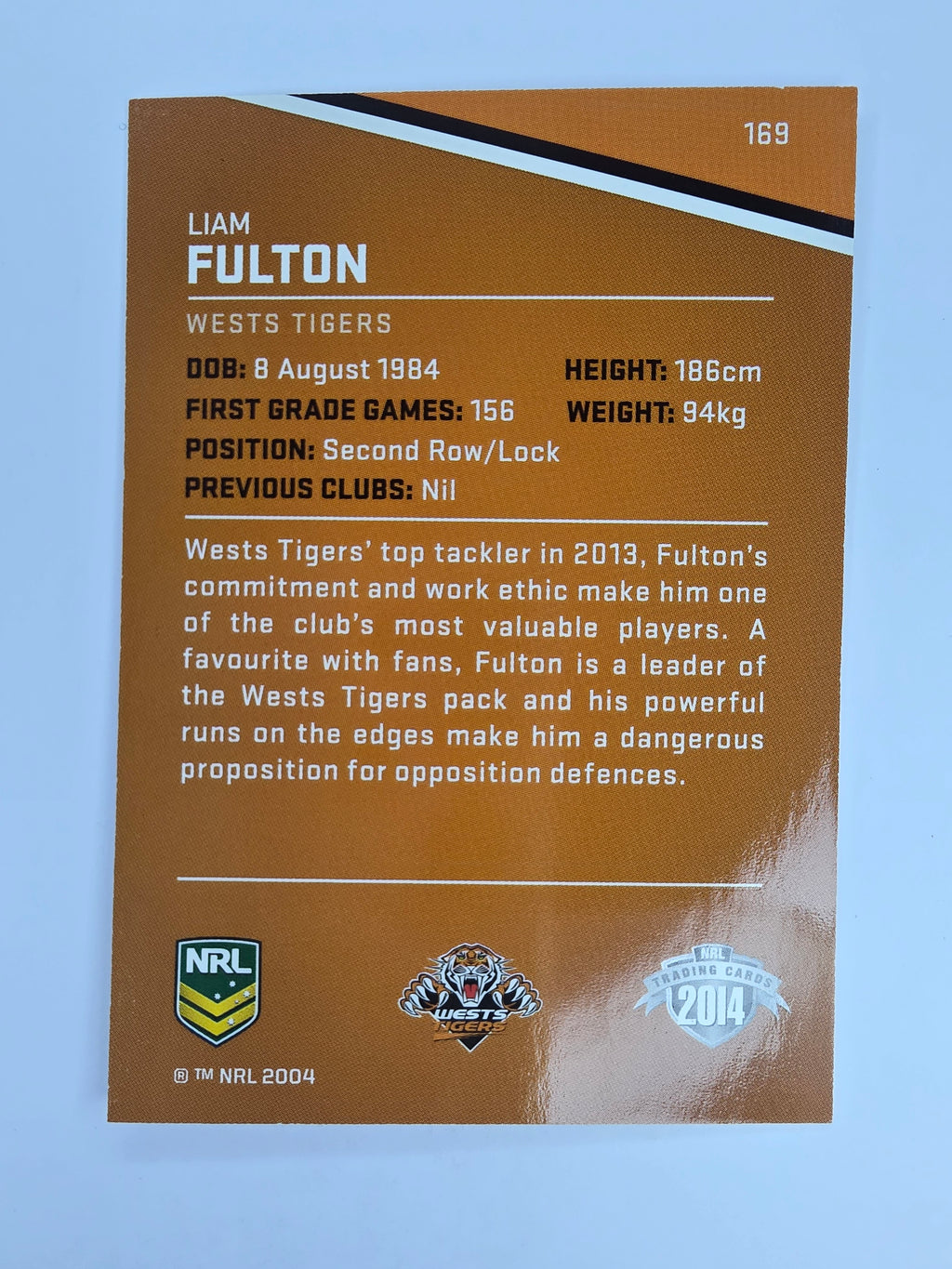 NRL 2014 Traders Base Card #169 Liam Fulton Wests Tigers