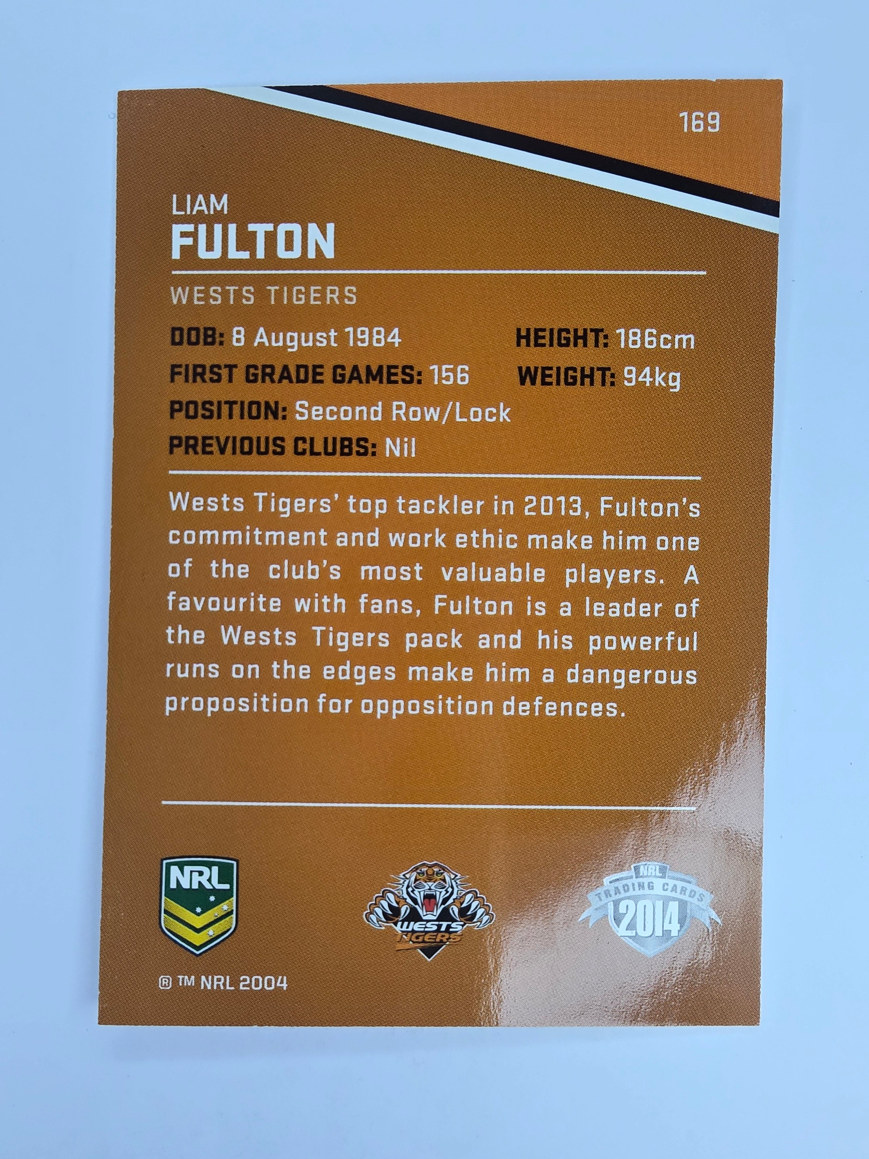NRL 2014 Traders Base Card #169 Liam Fulton Wests Tigers